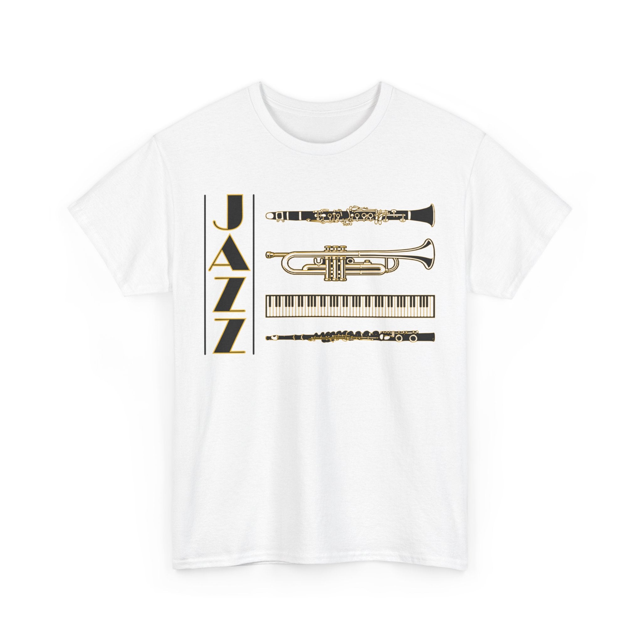 Jazz musical instruments t shirt in various colours with text saying ‘JAZZ’