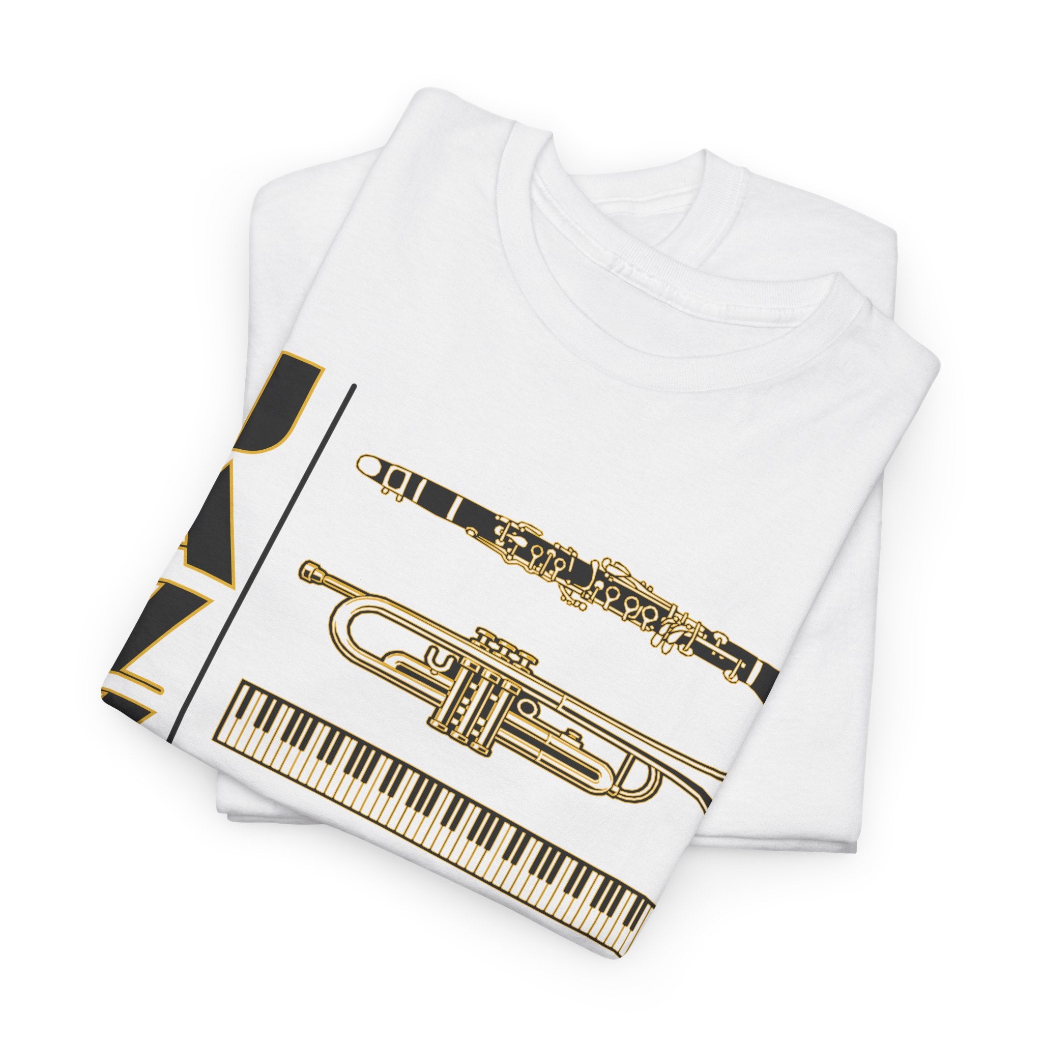 Jazz musical instruments t shirt in various colours with text saying ‘JAZZ’
