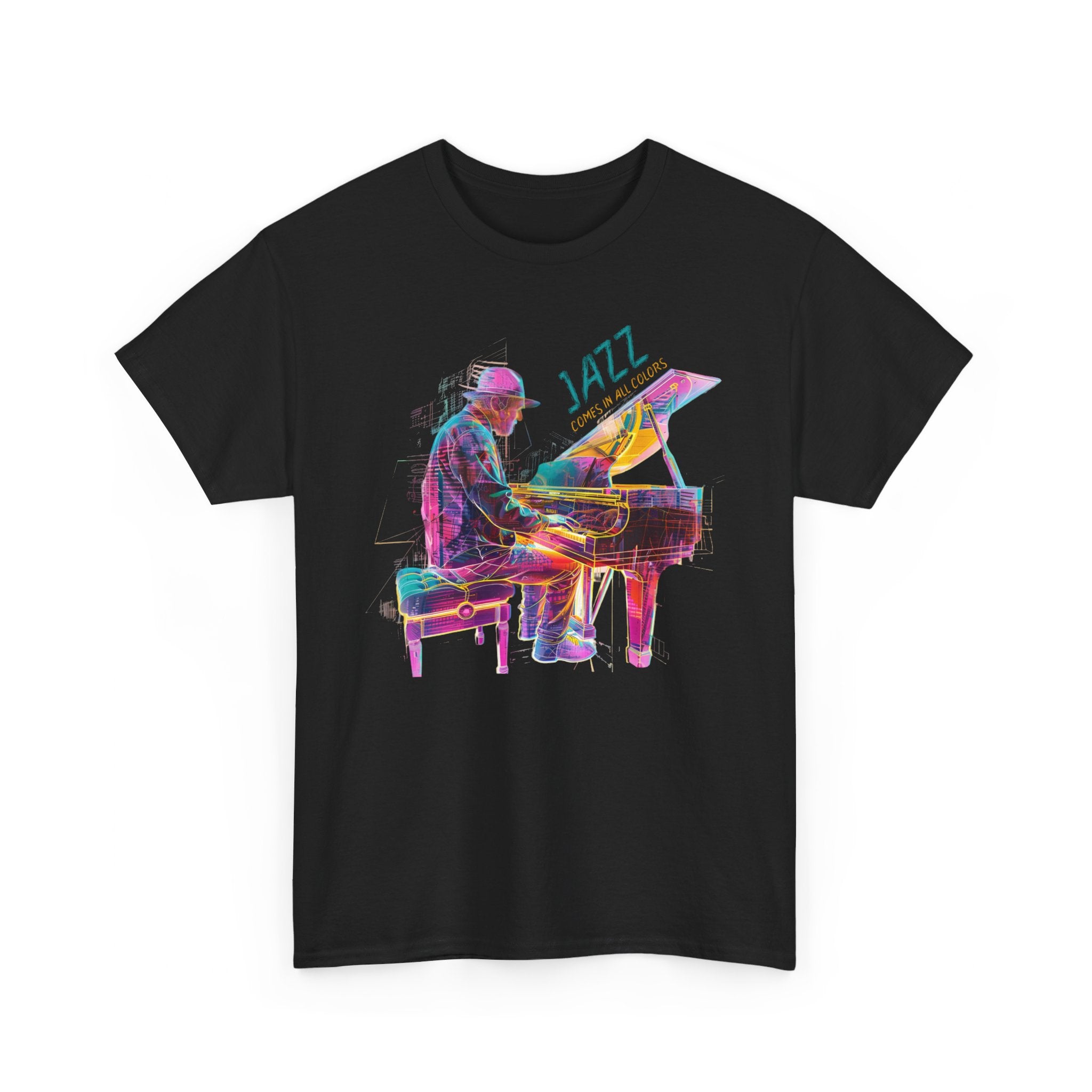 A black t shirt with a multi coloured design of a jazz piano player. The text above the piano states, ‘Jazz Comes In All Colors’