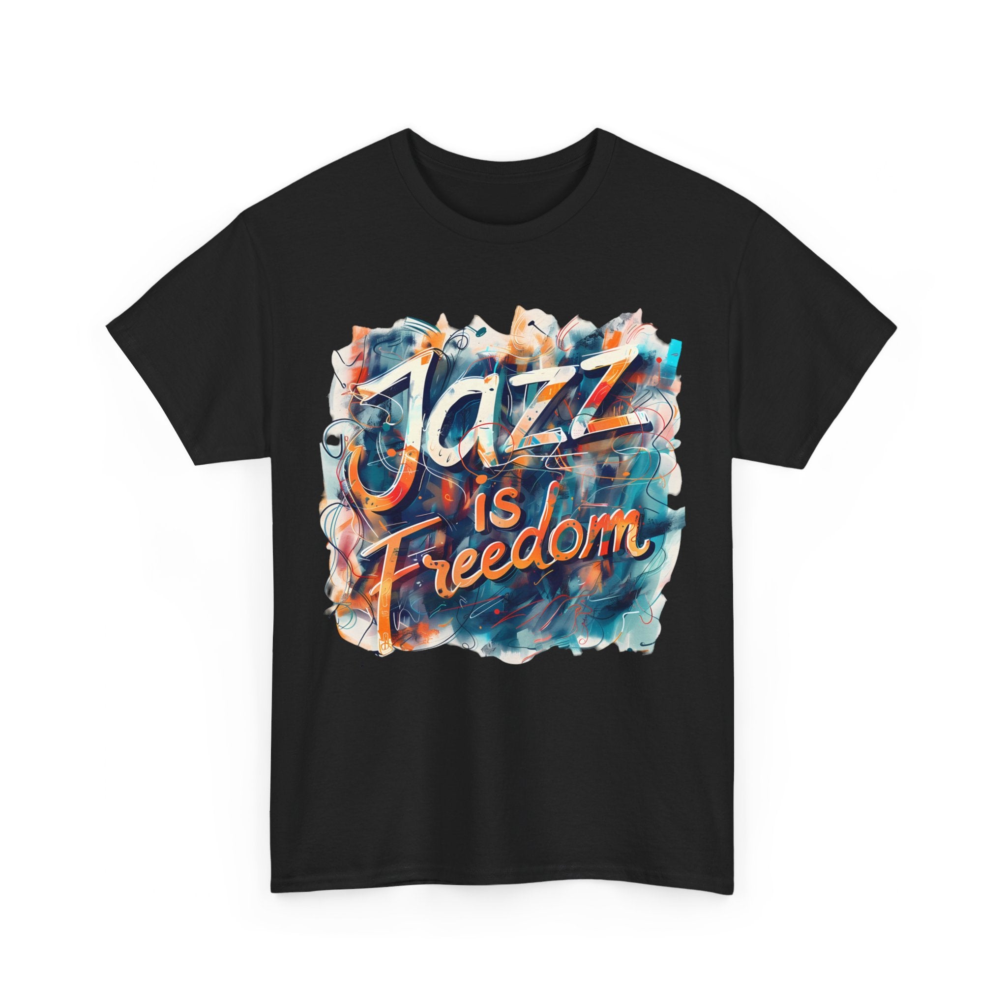 A black or white t shirt with an abstract multi coloured design saying ‘Jazz Is Freedom’
