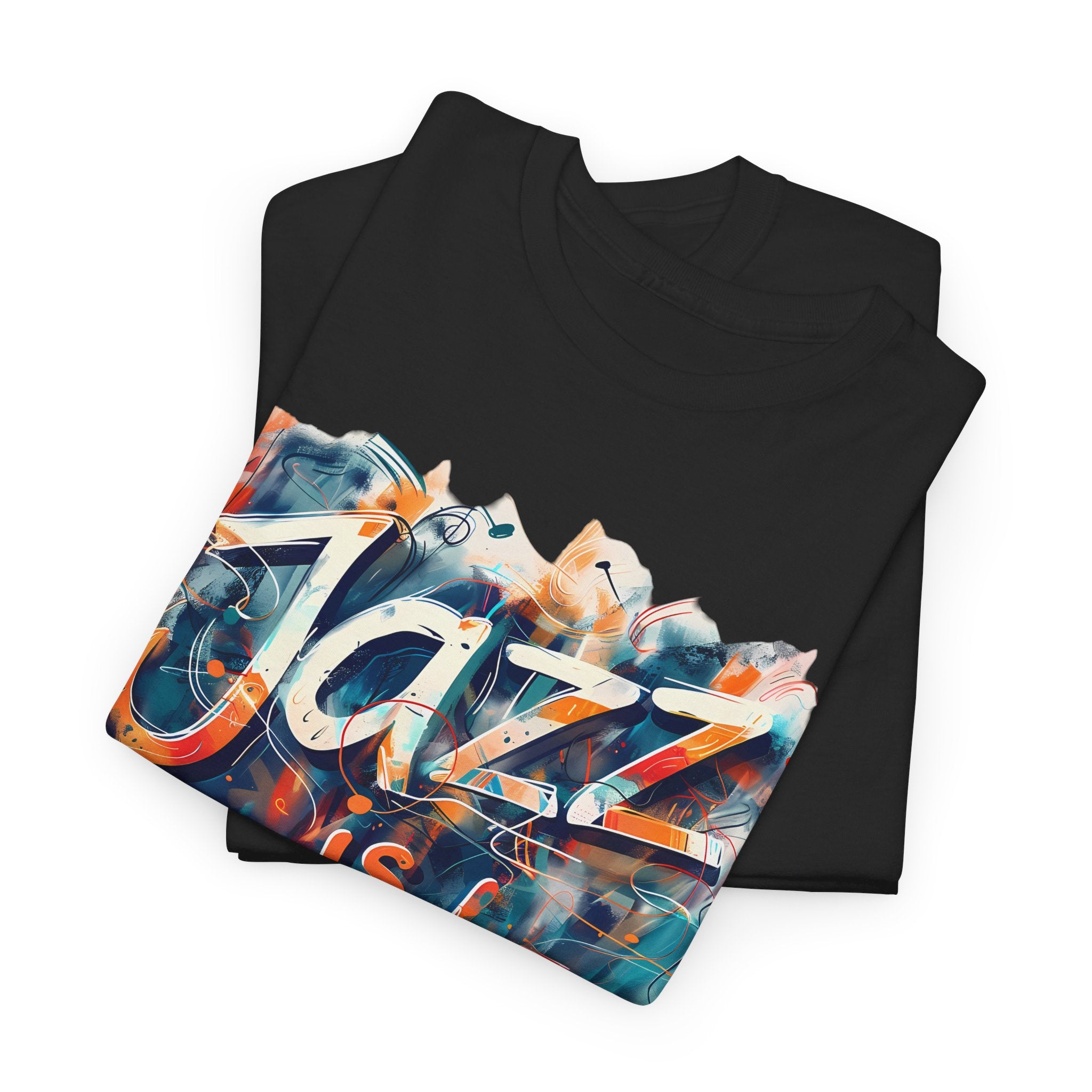 A black or white t shirt with an abstract multi coloured design saying ‘Jazz Is Freedom’