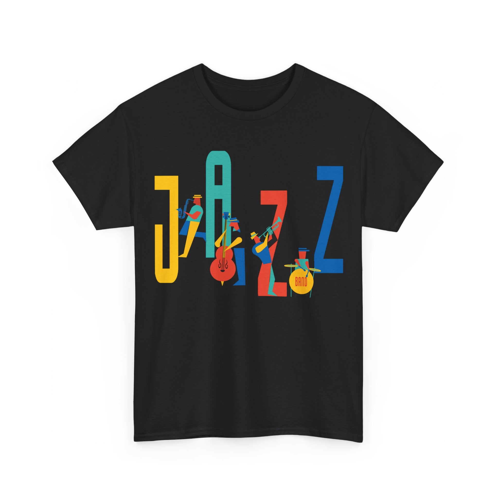 Multi coloured jazz players t shirt with caricatured band members