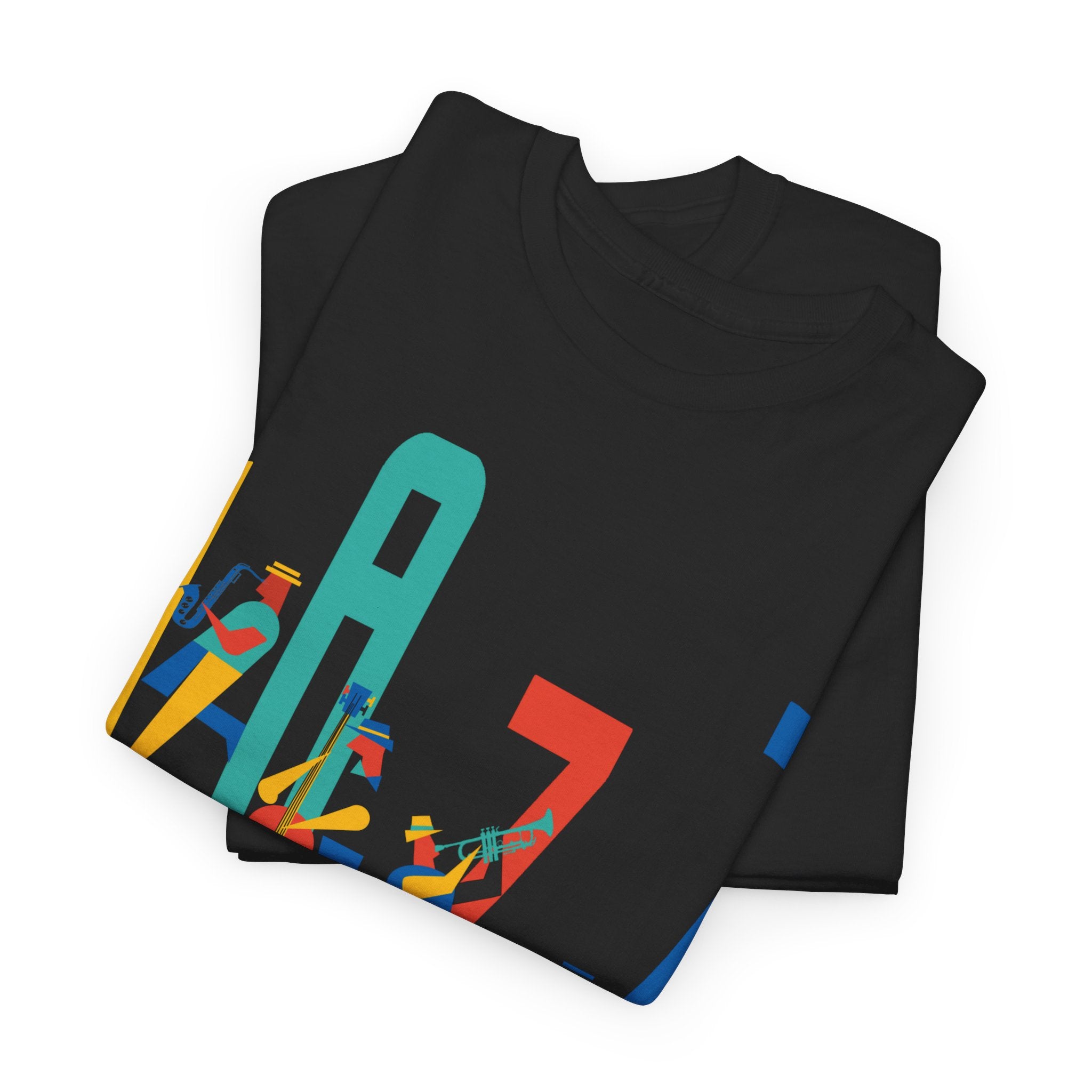 Multi coloured jazz players t shirt with caricatured band members