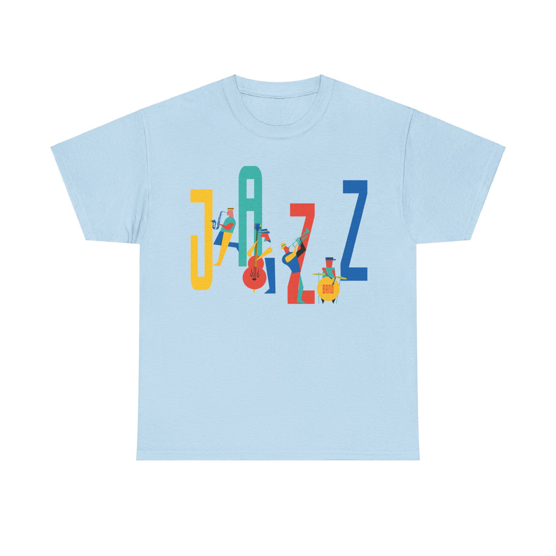 Multi coloured jazz players t shirt with caricatured band members