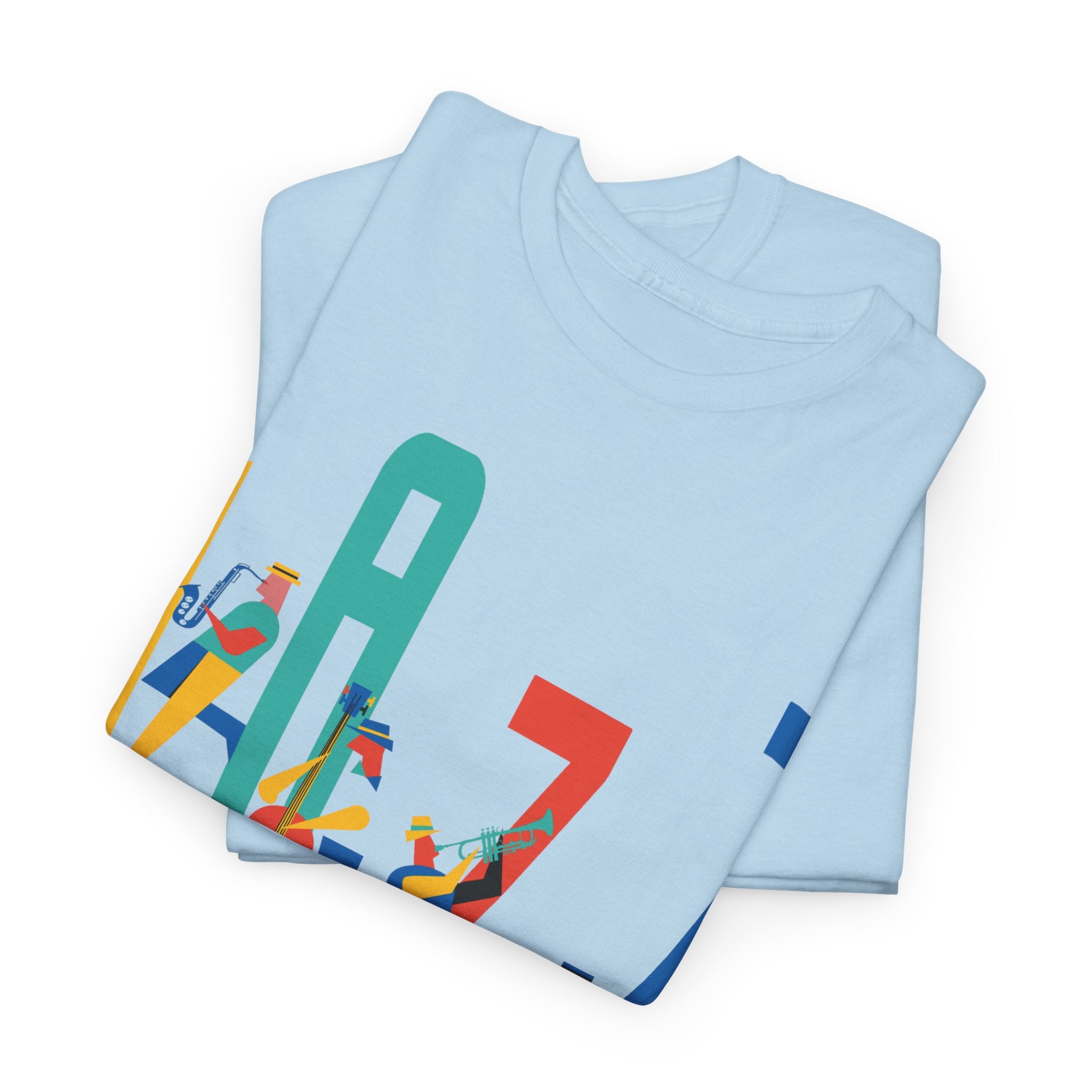 Multi coloured jazz players t shirt with caricatured band members
