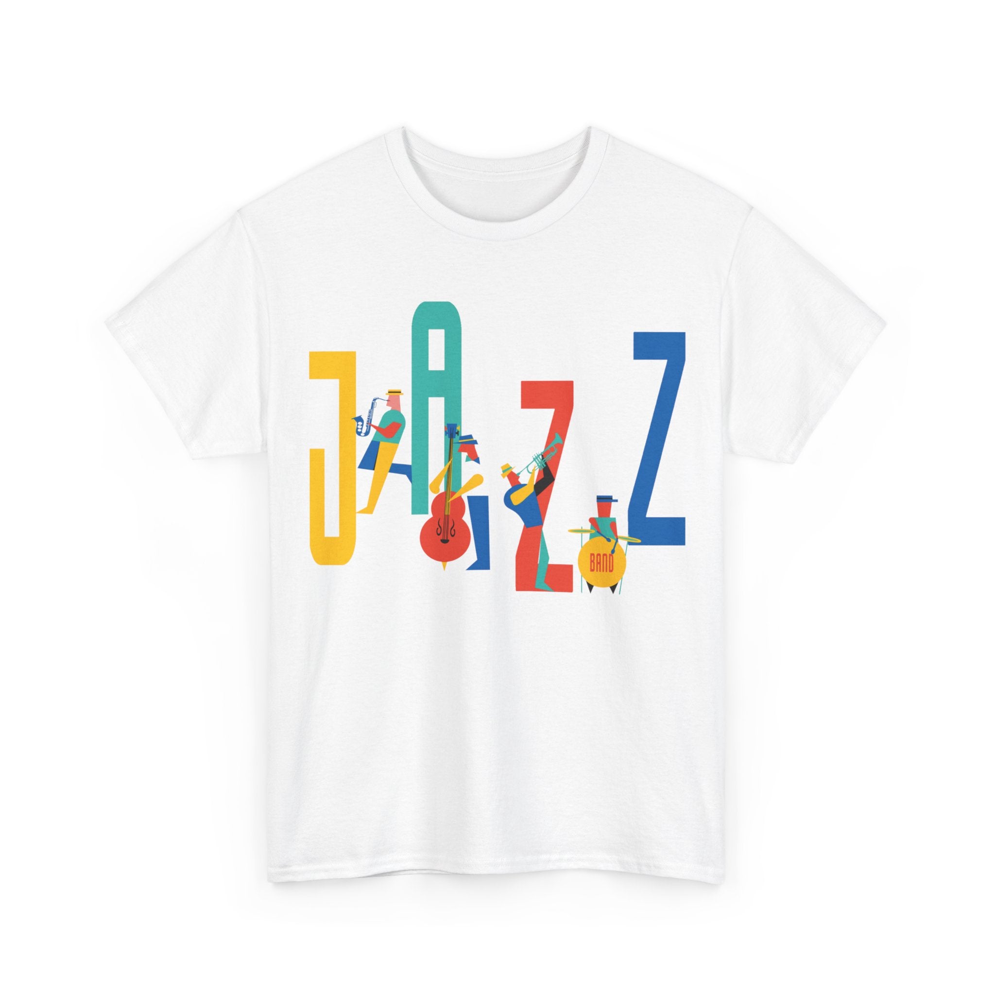 Multi coloured jazz players t shirt with caricatured band members