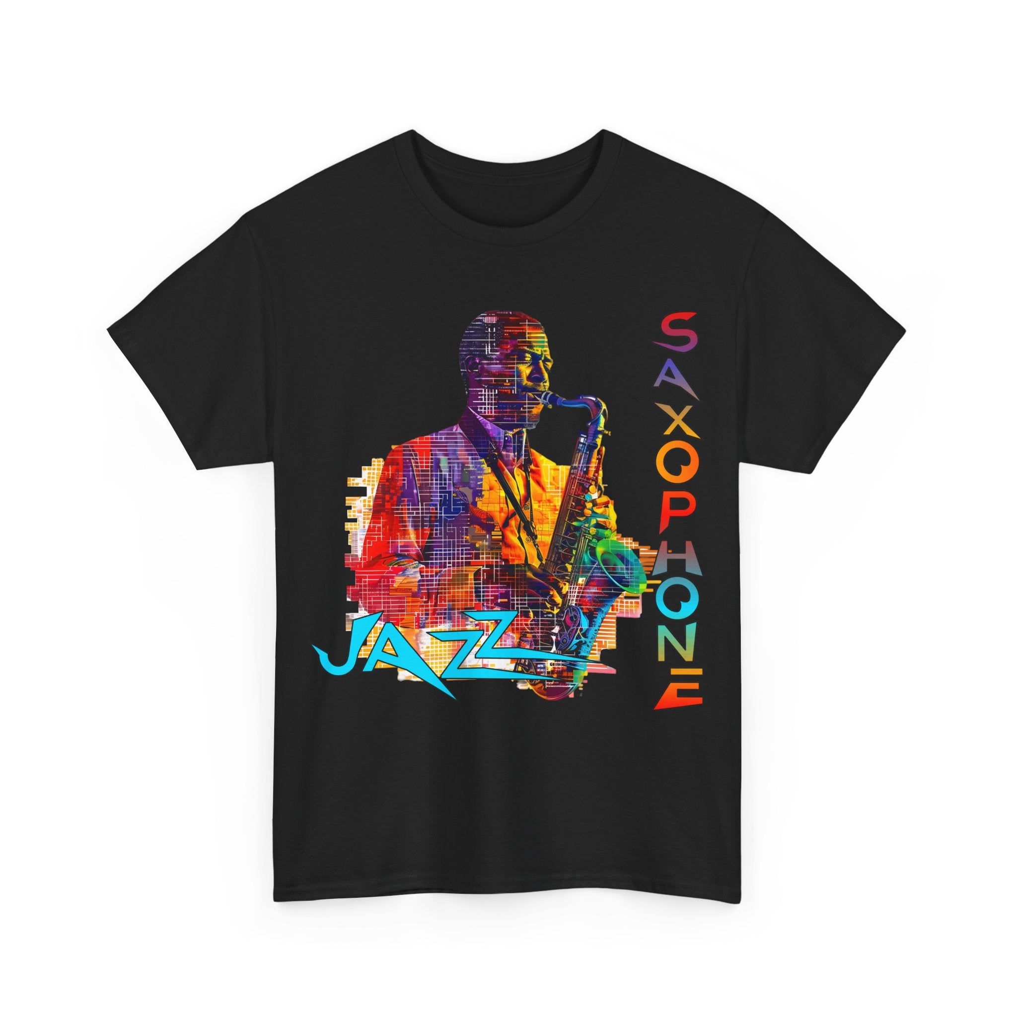A black t shirt with multiple coloured image. The text has an abstract font saying ‘Jazz Saxophone’ in blue.