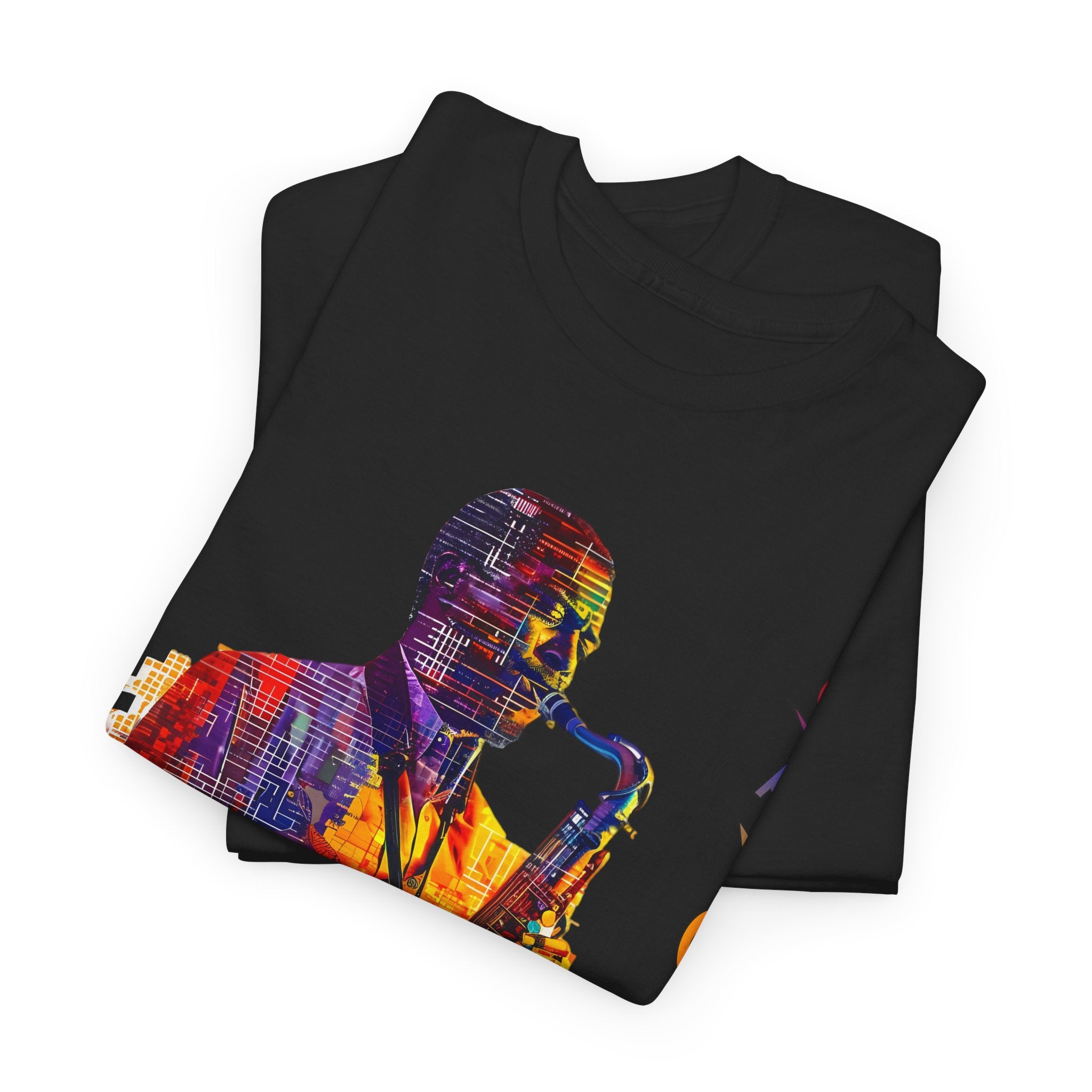 A black t shirt with multiple coloured image. The text has an abstract font saying ‘Jazz Saxophone’ in blue.