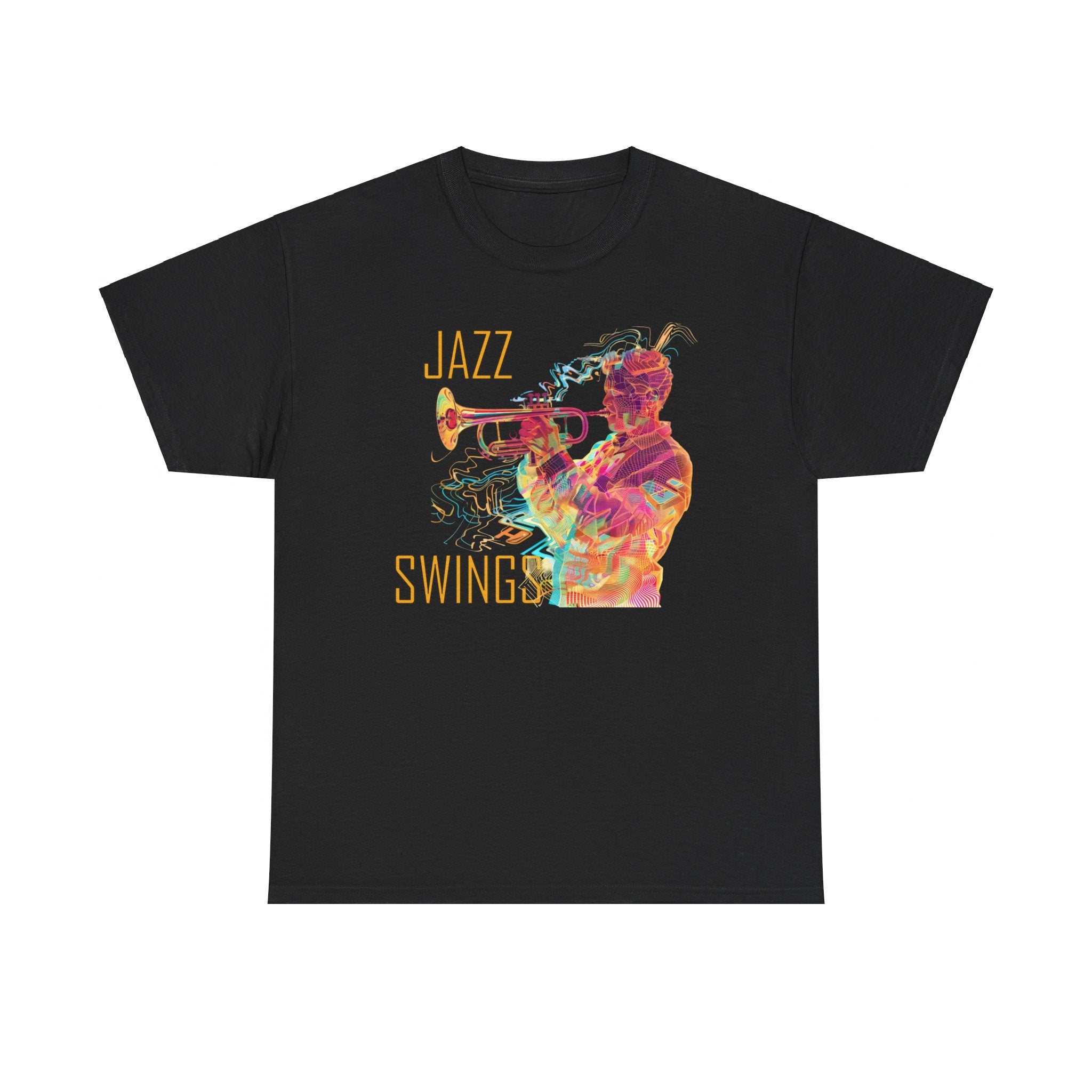 A black t shirt with a multi coloured holographic image with the text ‘Jazz Swings’