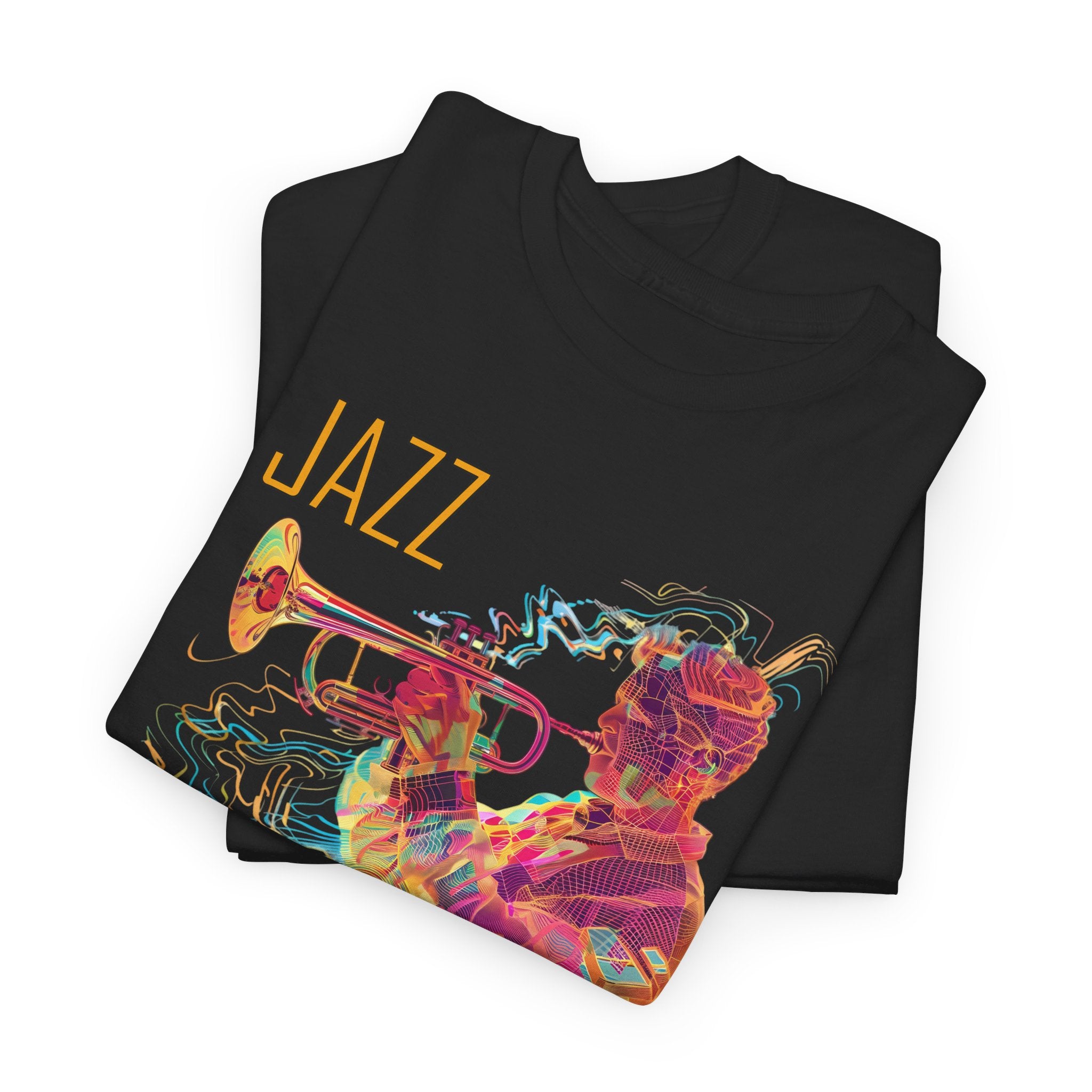 A black t shirt with a multi coloured holographic image with the text ‘Jazz Swings’