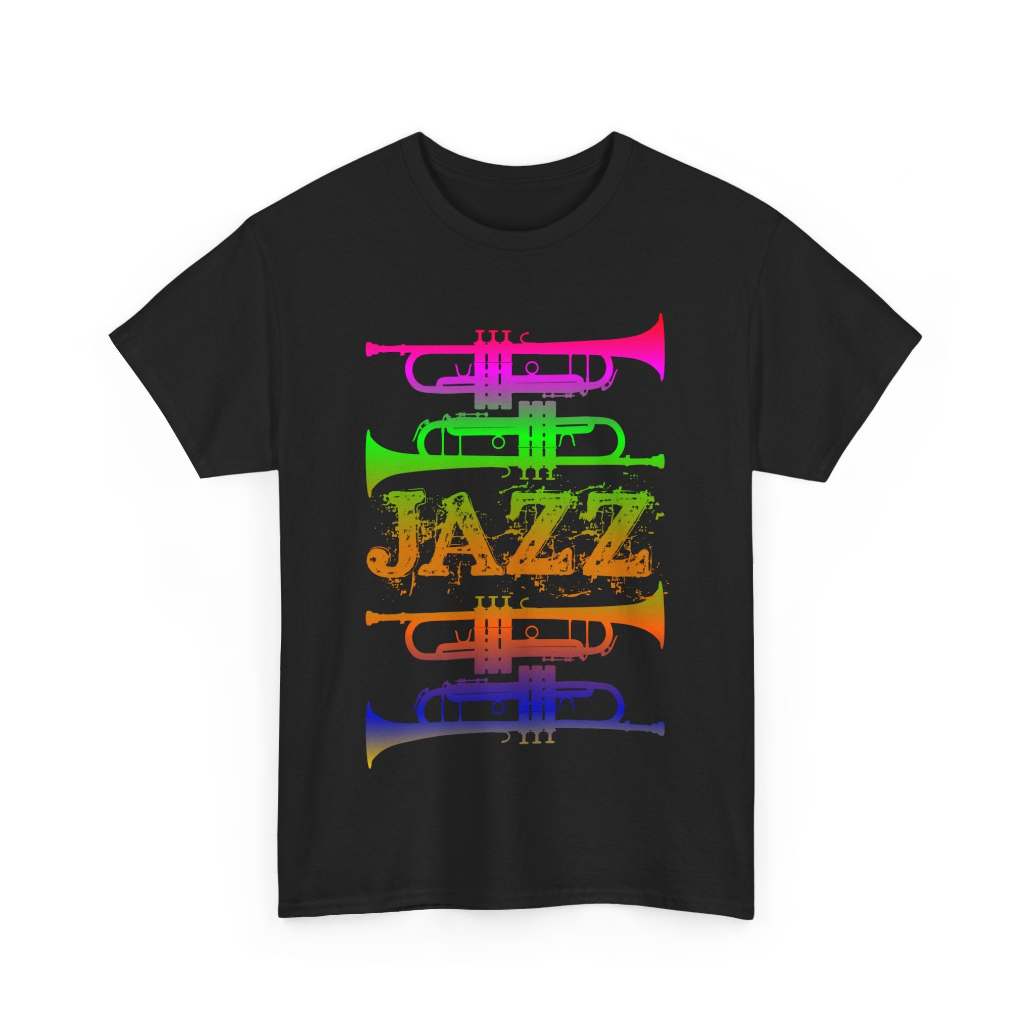 Jazz trumpet silhouette t-shirt with a gradient multicolour design on a dark background with the word ‘JAZZ’ between the trumpets.