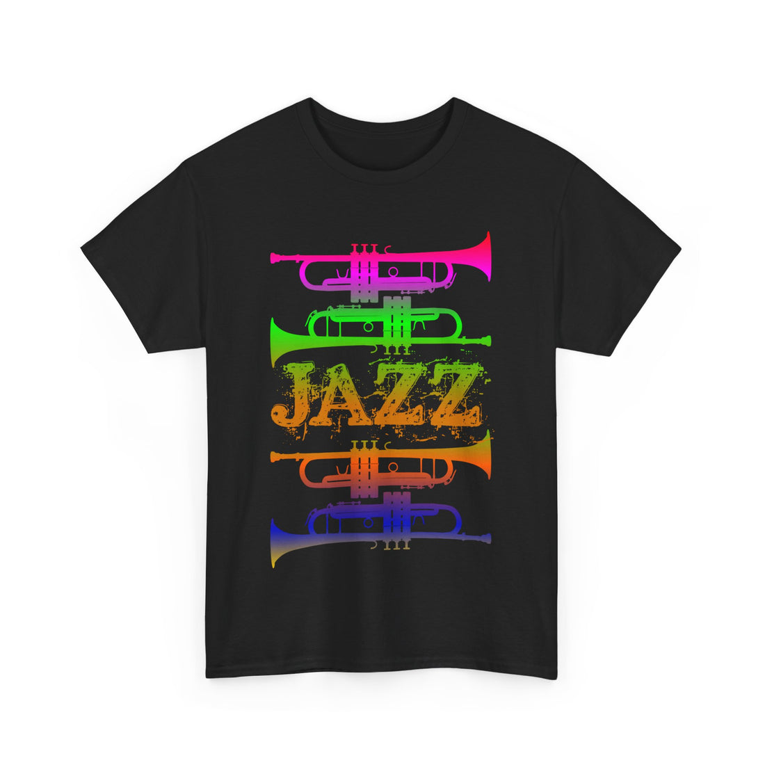 Jazz trumpet silhouette t-shirt with a gradient multicolour design on a dark background with the word ‘JAZZ’ between the trumpets.