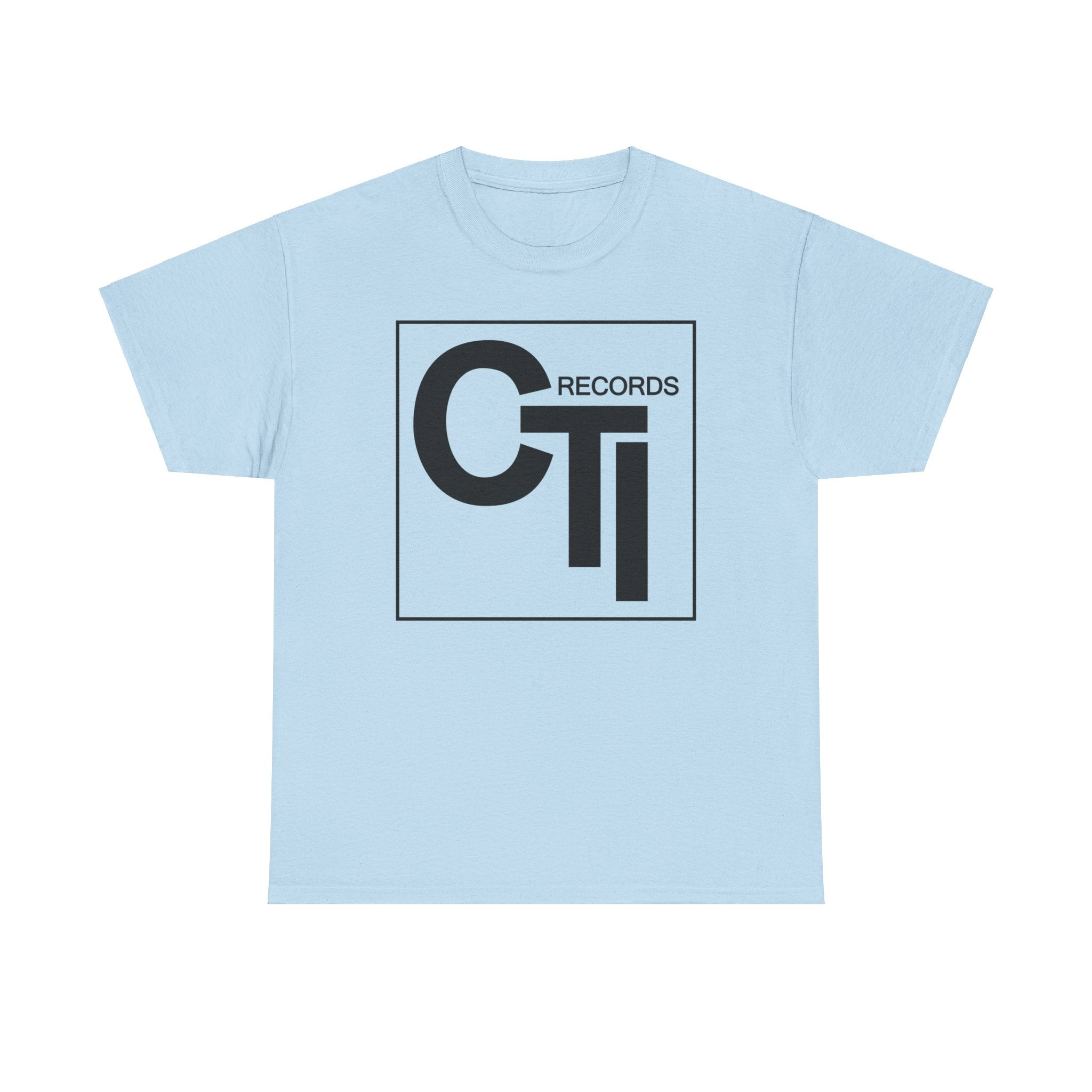 CTI Records Logo in black text on multi coloured t-shirts