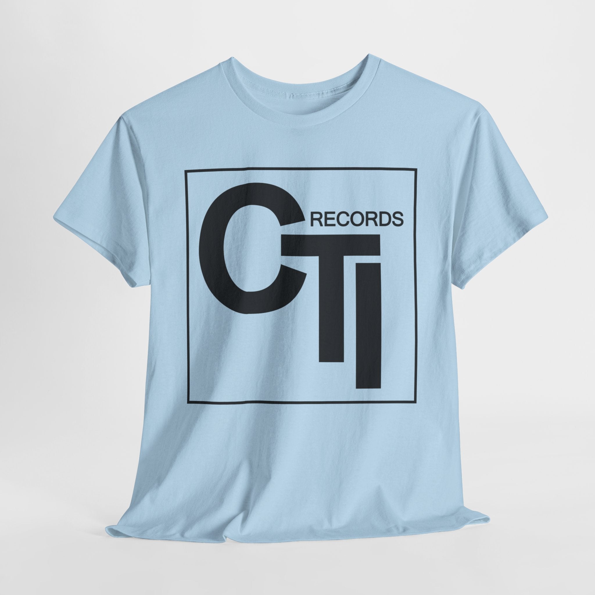 CTI Records Logo in black text on multi coloured t-shirts