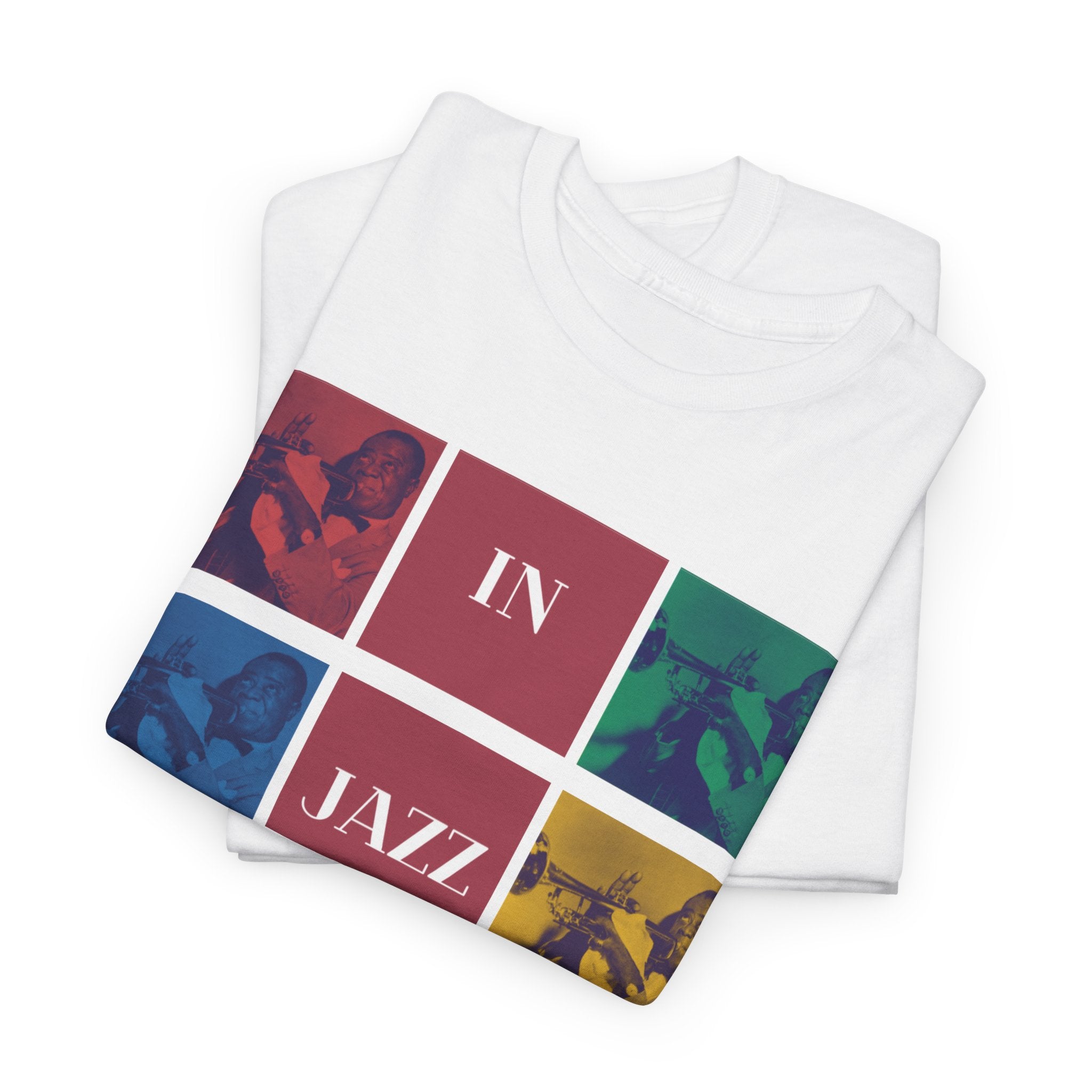 A black or white t shirt with 9 different coloured squares with each one containing the same Louis Armstrong Image. The text states ’In Jazz We Trust’