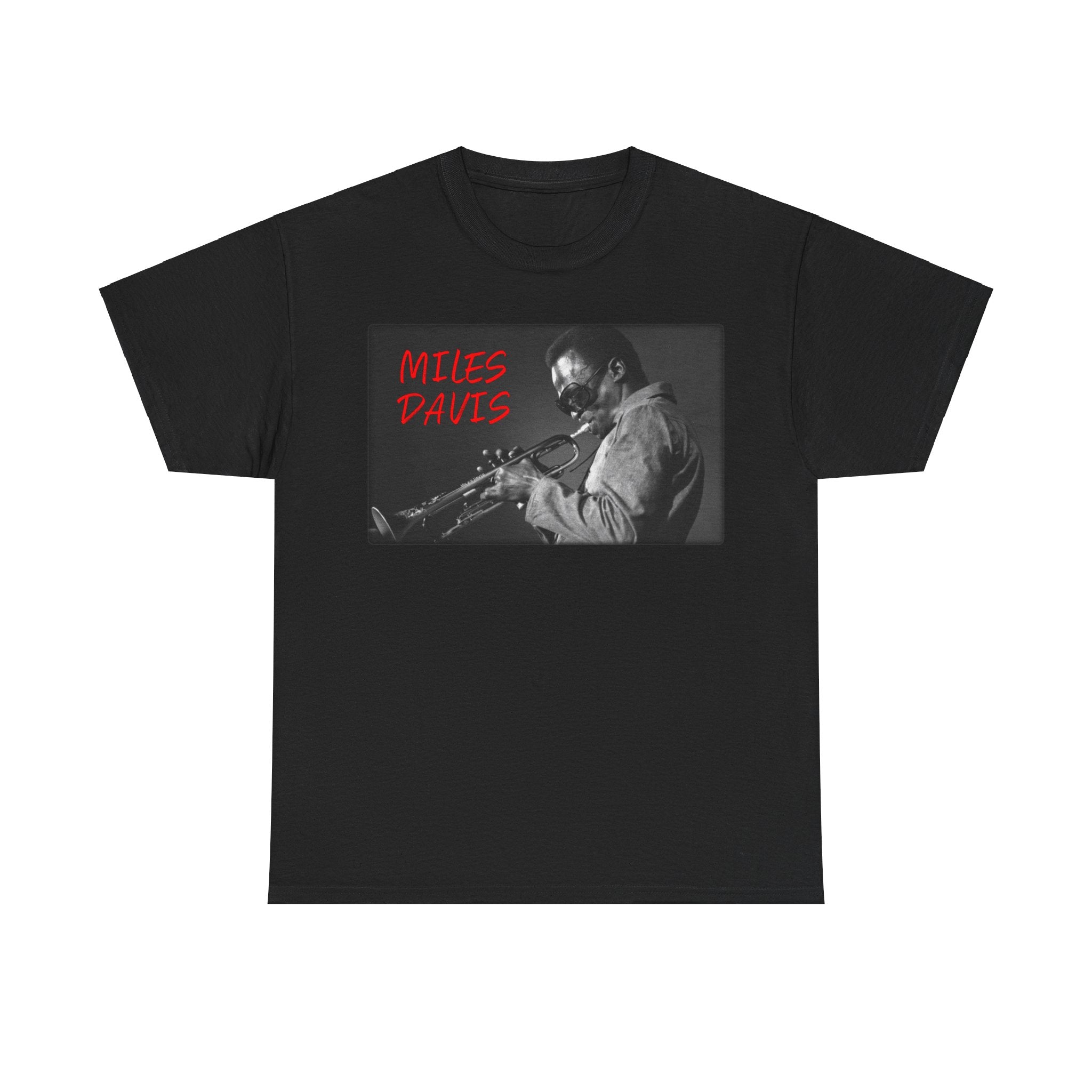 A black & white photographic image of Miles Davis playing trumpet in cool shades, with red text saying ‘Miles Davis’