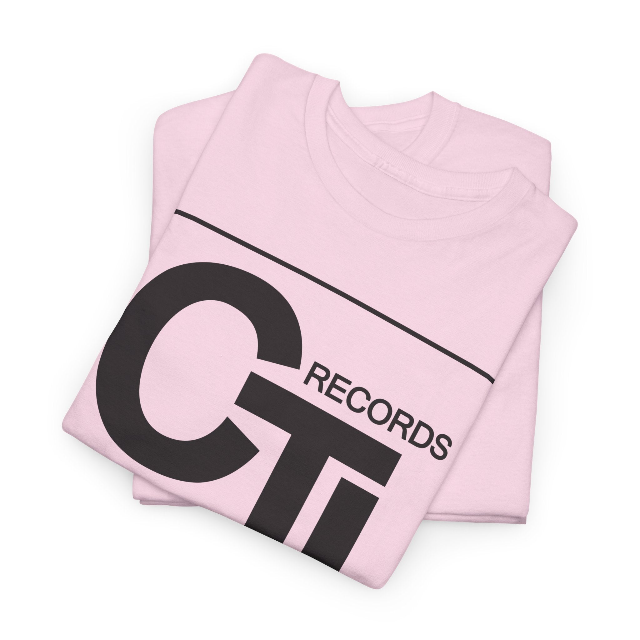 CTI Records Logo in black text on multi coloured t-shirts