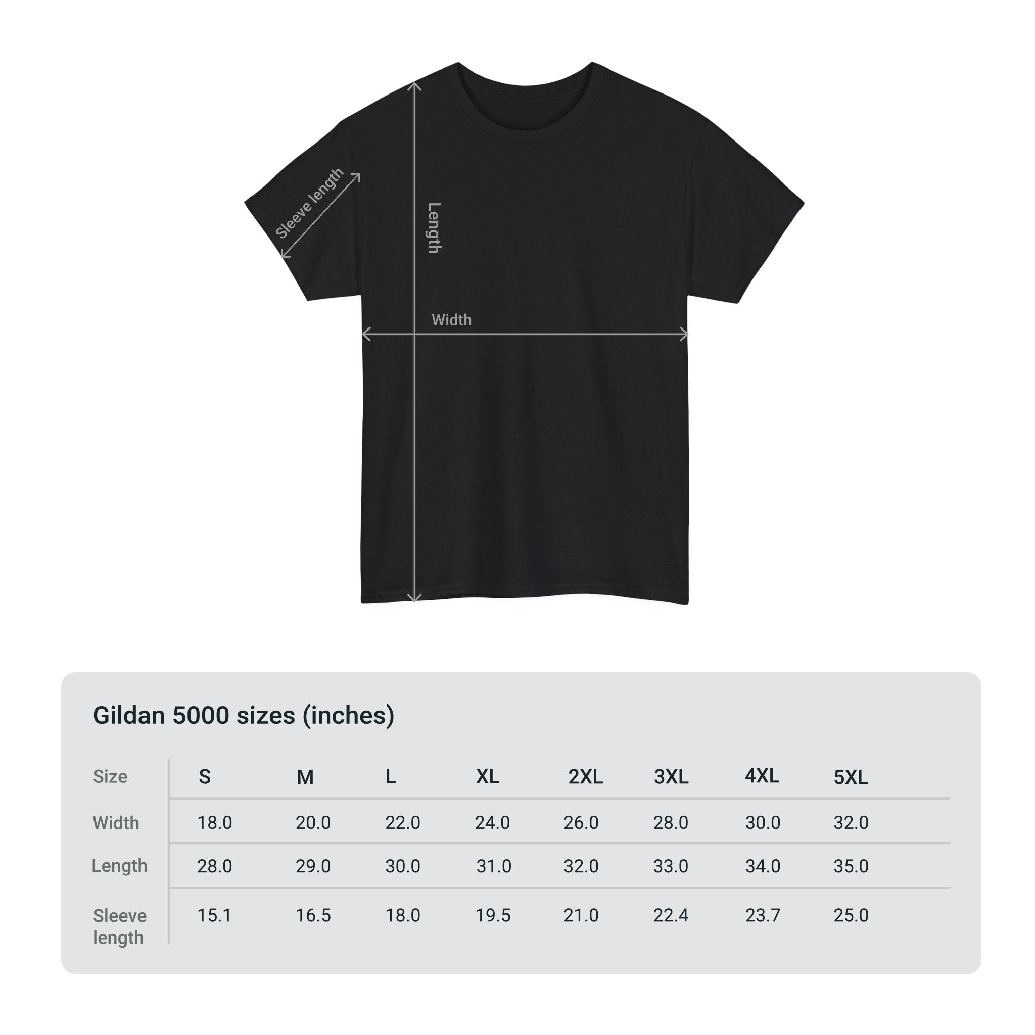 Black t-shirt with measurement chart for Gildan 5000 sizes on a white background