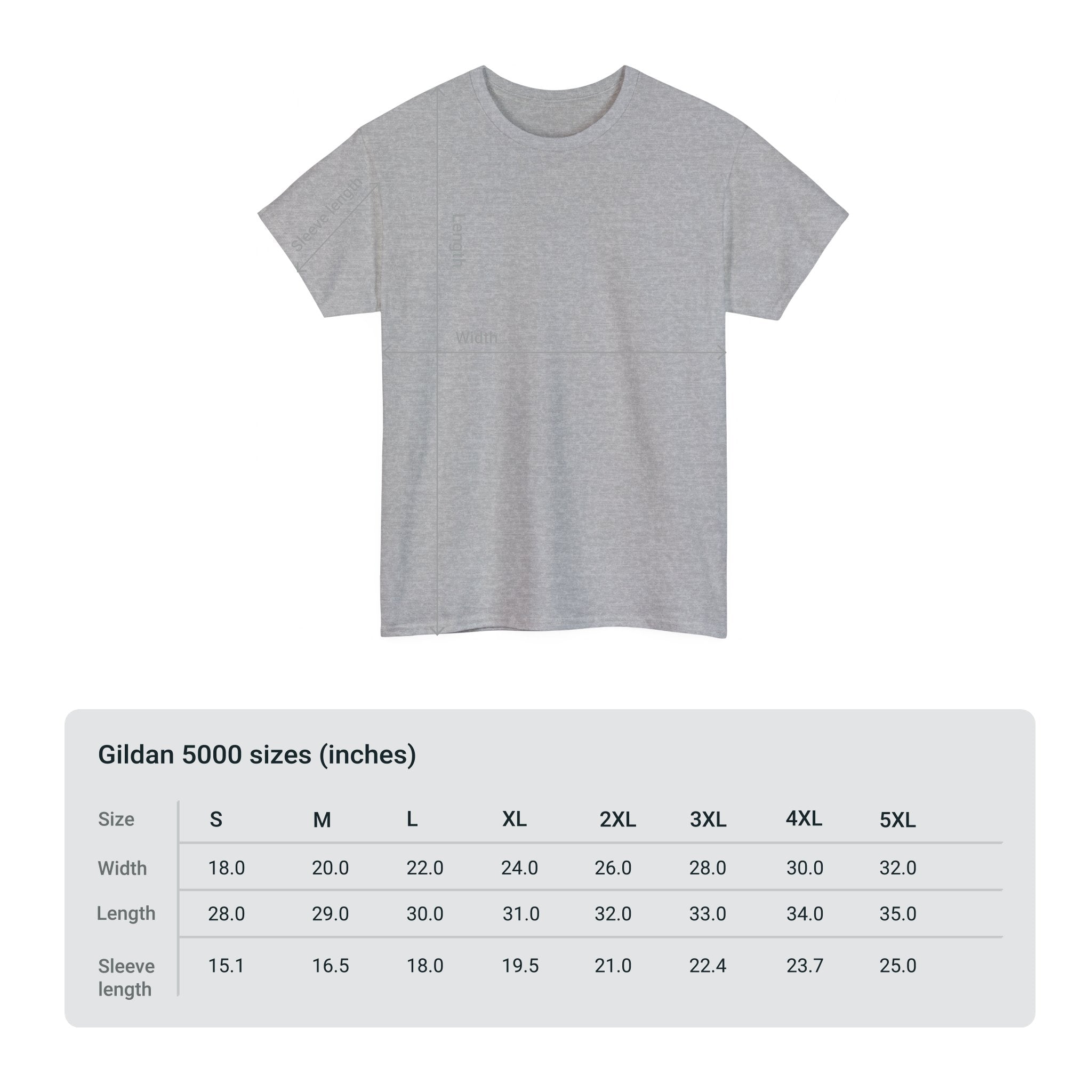 Grey t-shirt with measurement chart for Gildan 5000 sizes on a white background