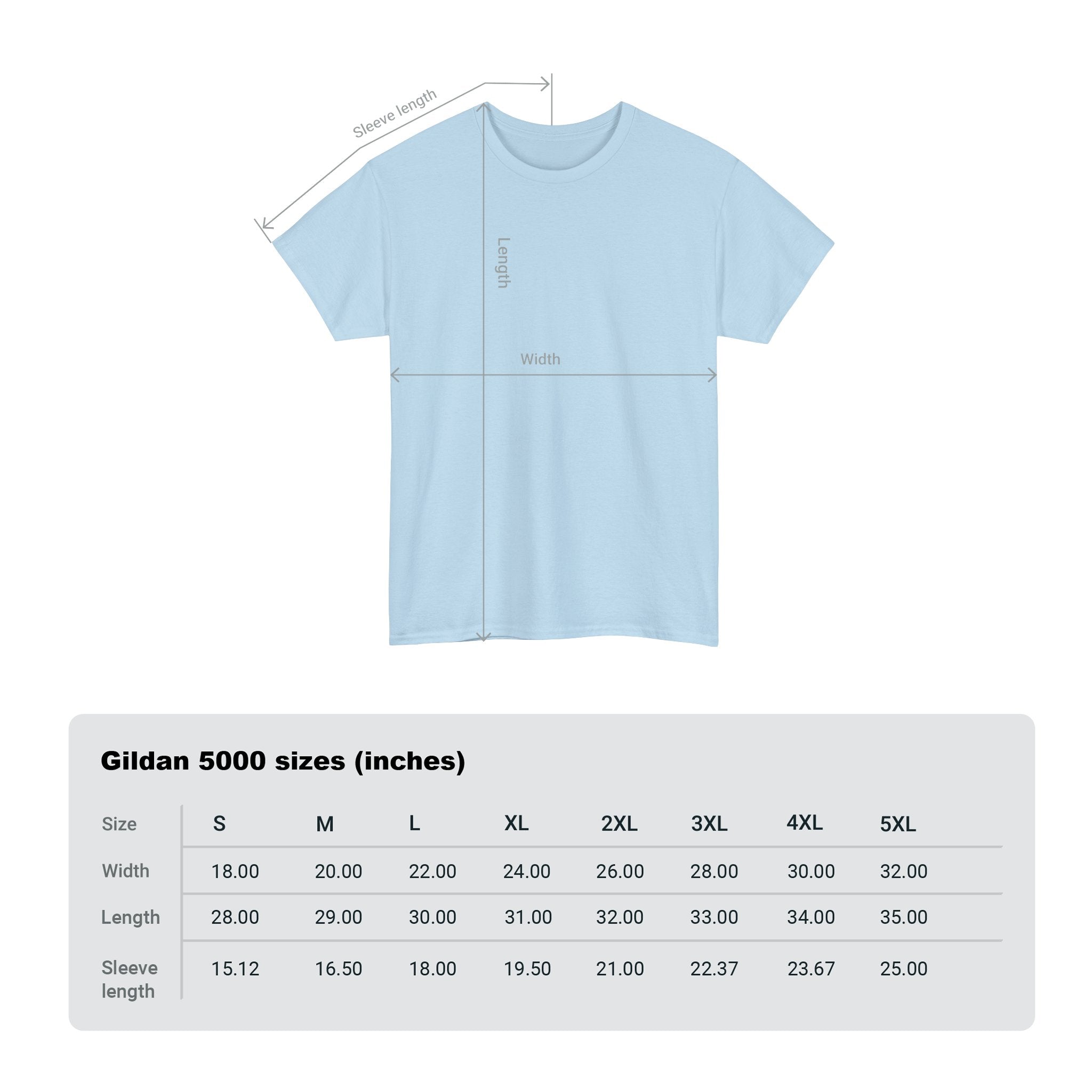 Light blue t-shirt with measurement chart for Gildan 5000 sizes on a white background