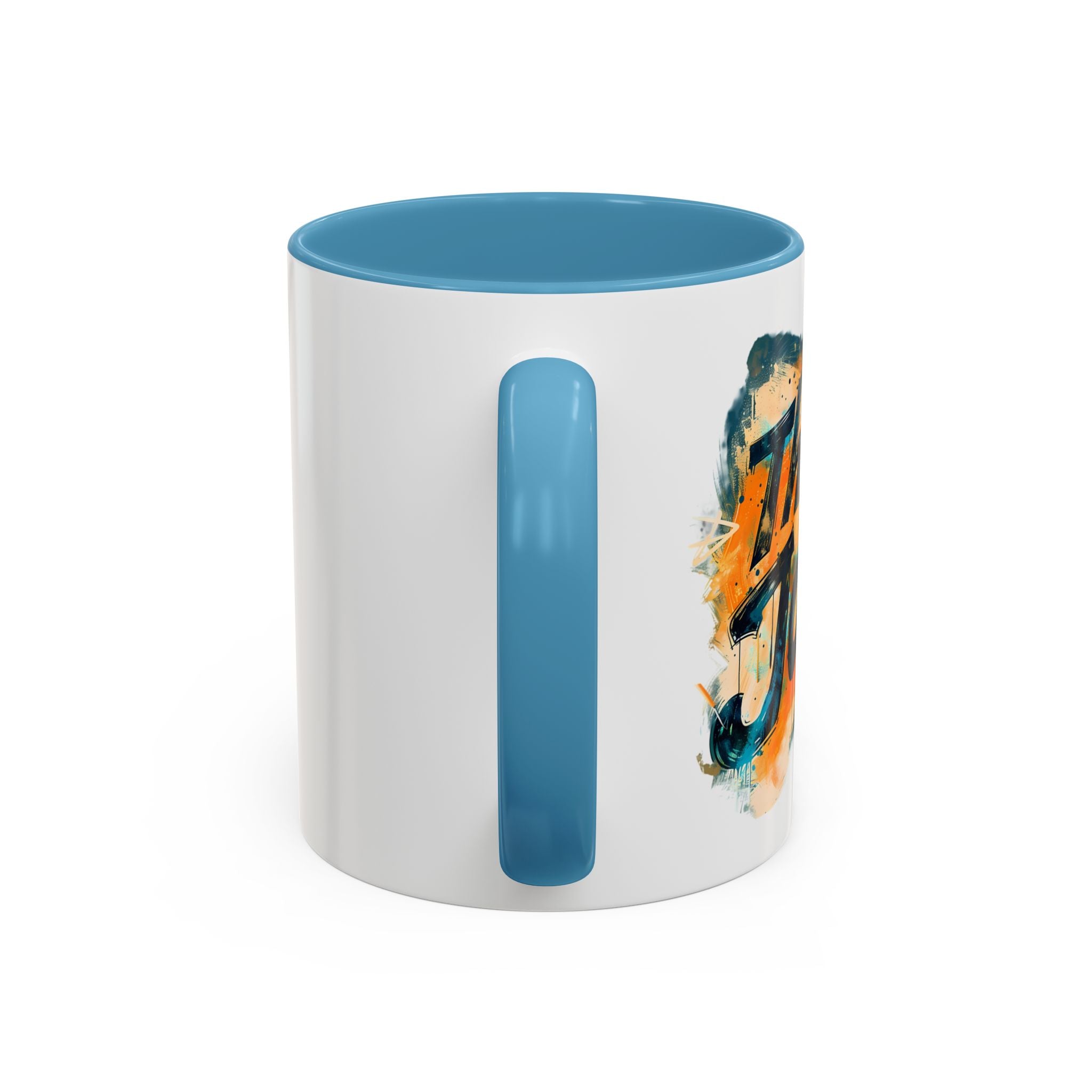 White mug with blue interior and handle featuring a colorful design on a white background