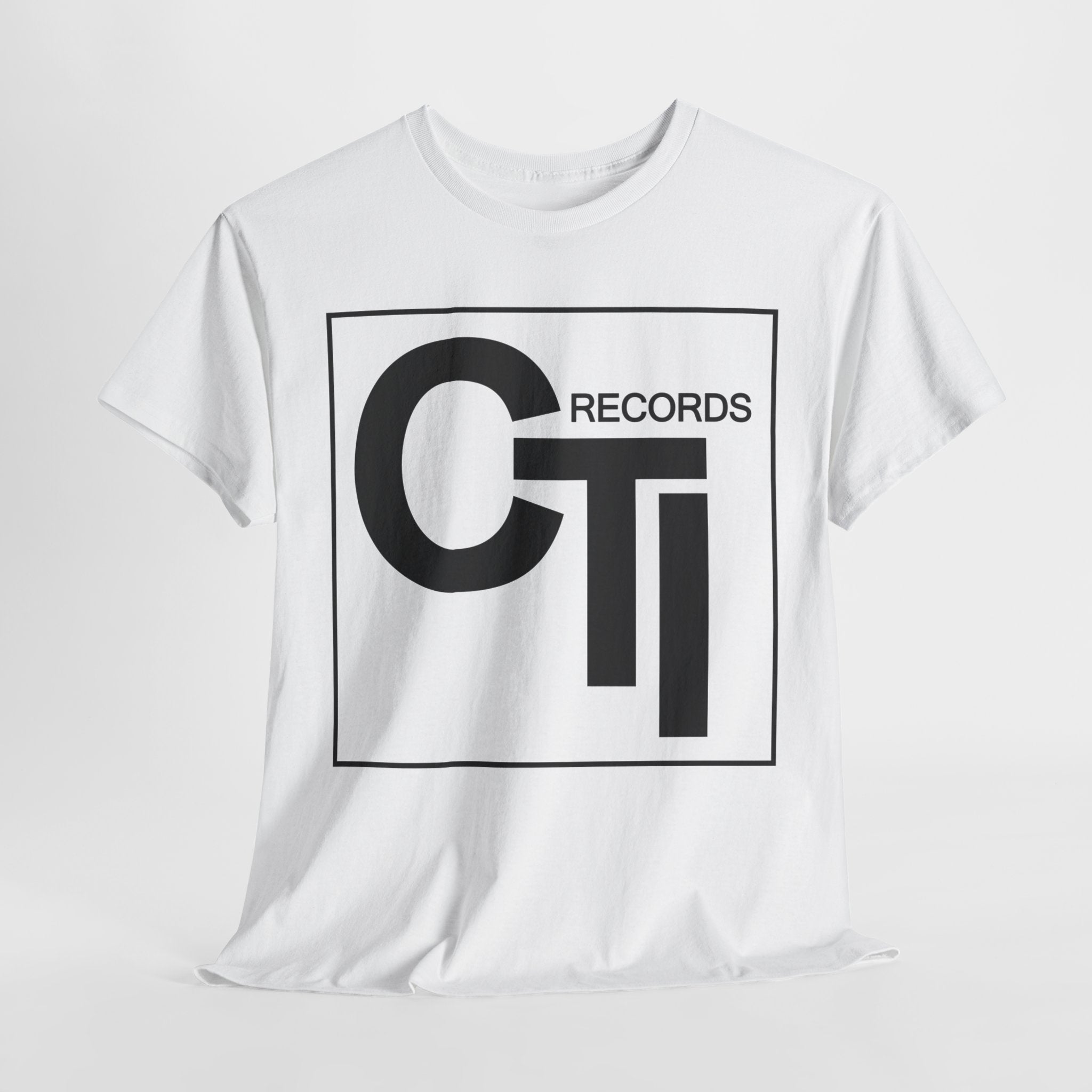 CTI Records Logo in black text on multi coloured t-shirts