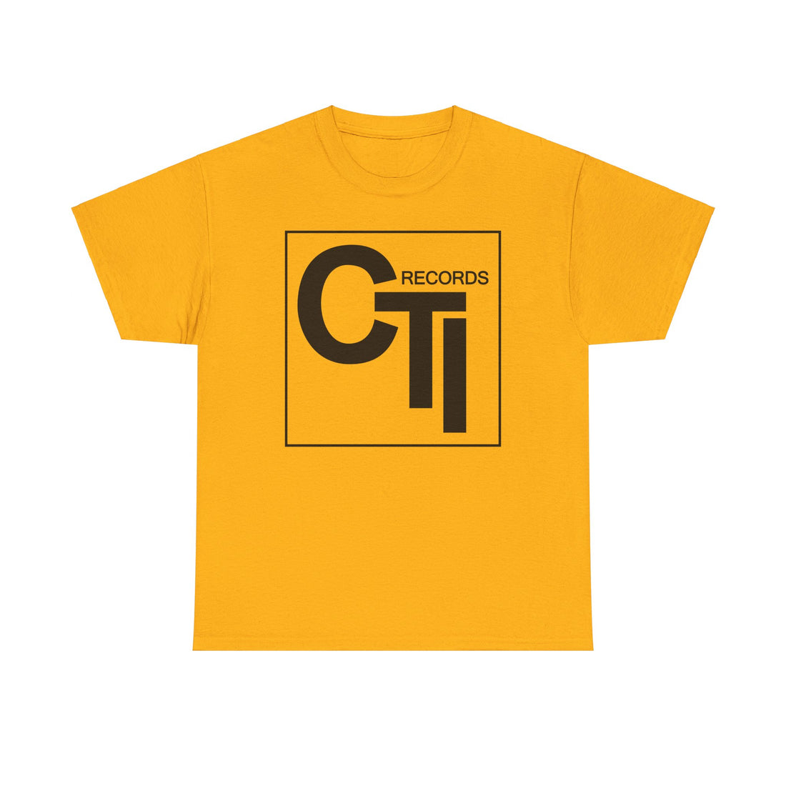 CTI Records Logo in black text on multi coloured t-shirts