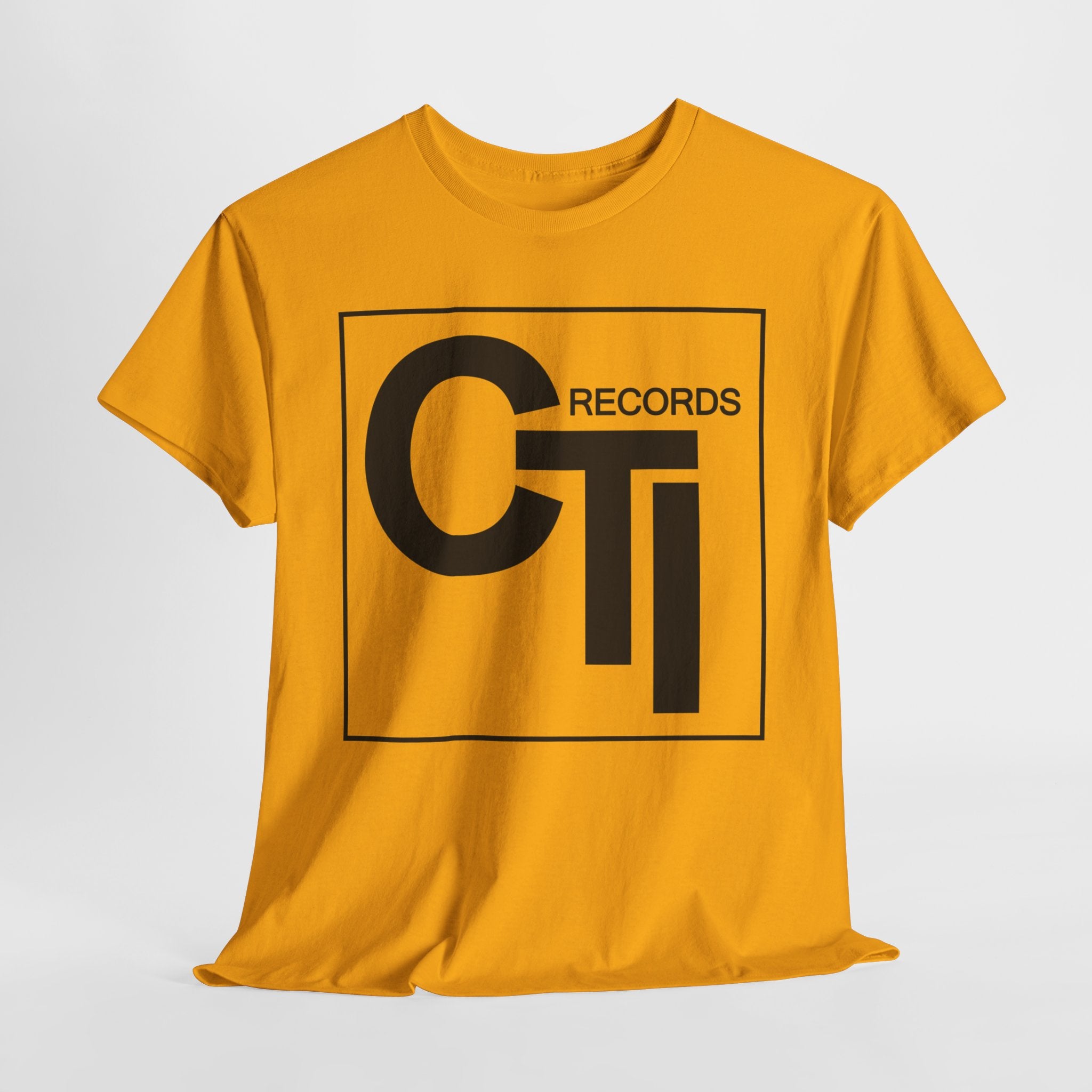 CTI Records Logo in black text on multi coloured t-shirts