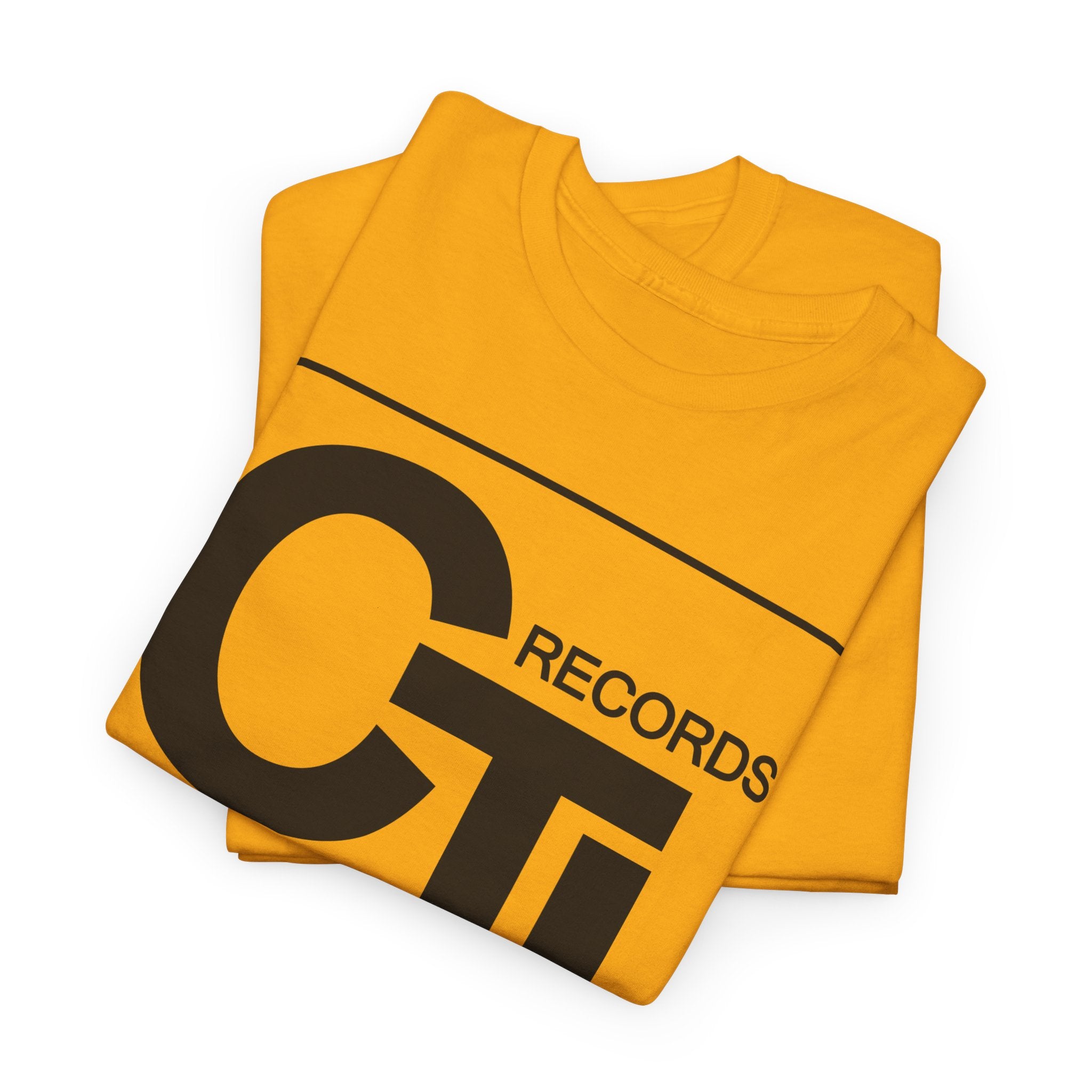 CTI Records Logo in black text on multi coloured t-shirts