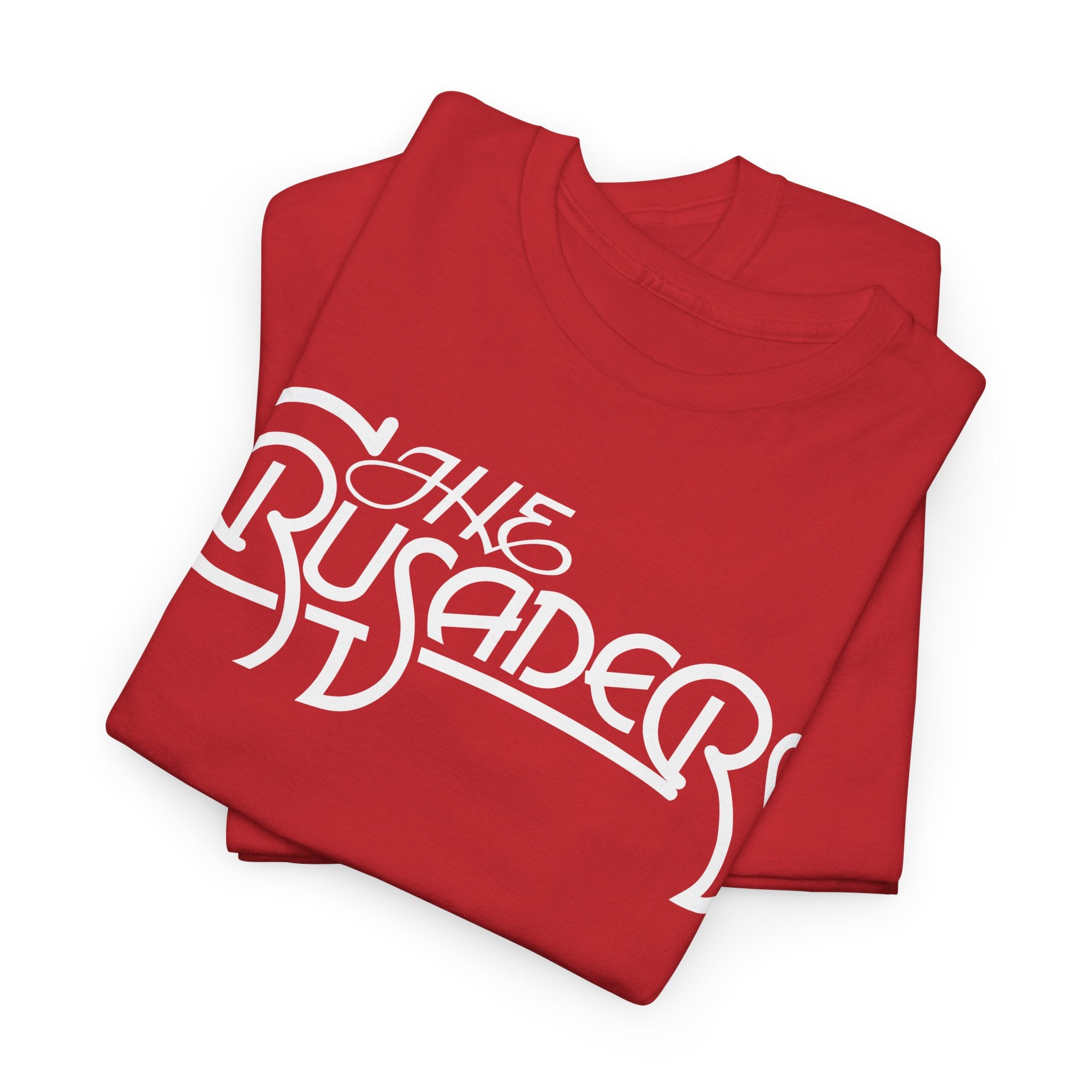 The Jazz Crusaders logo in white text on a red t-shirt