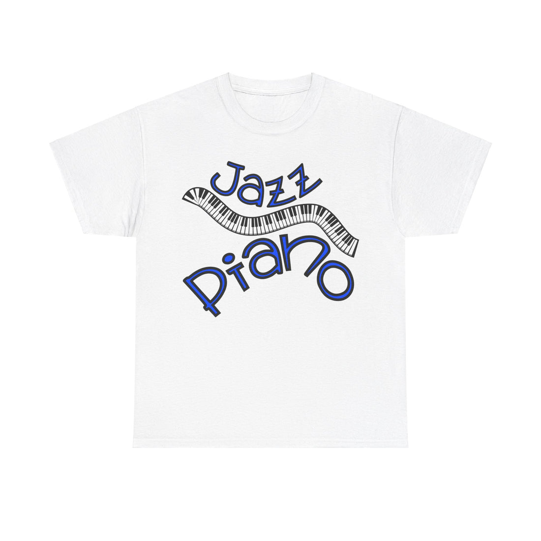 A white t shirt depicting a curved piano keyboard the surrounding text states ‘Jazz Piano’