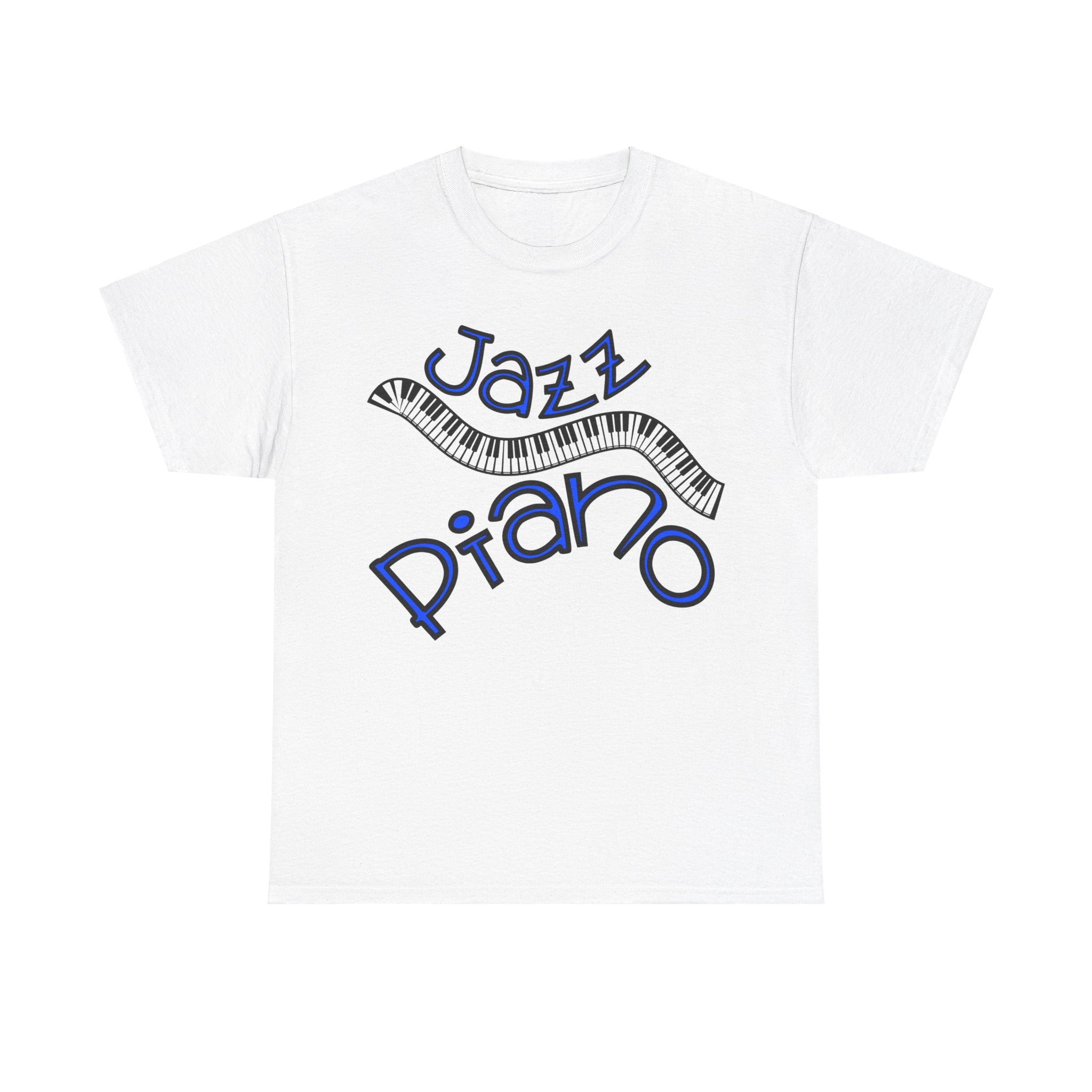 A white t shirt depicting a curved piano keyboard the surrounding text states ‘Jazz Piano’