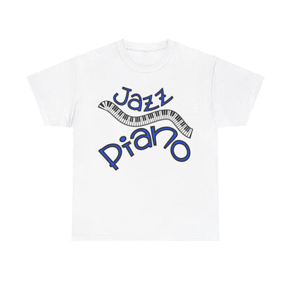 A white t shirt depicting a curved piano keyboard the surrounding text states ‘Jazz Piano’