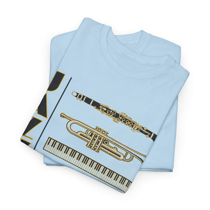 Jazz musical instruments t shirt in various colors with text saying ‘JAZZ’