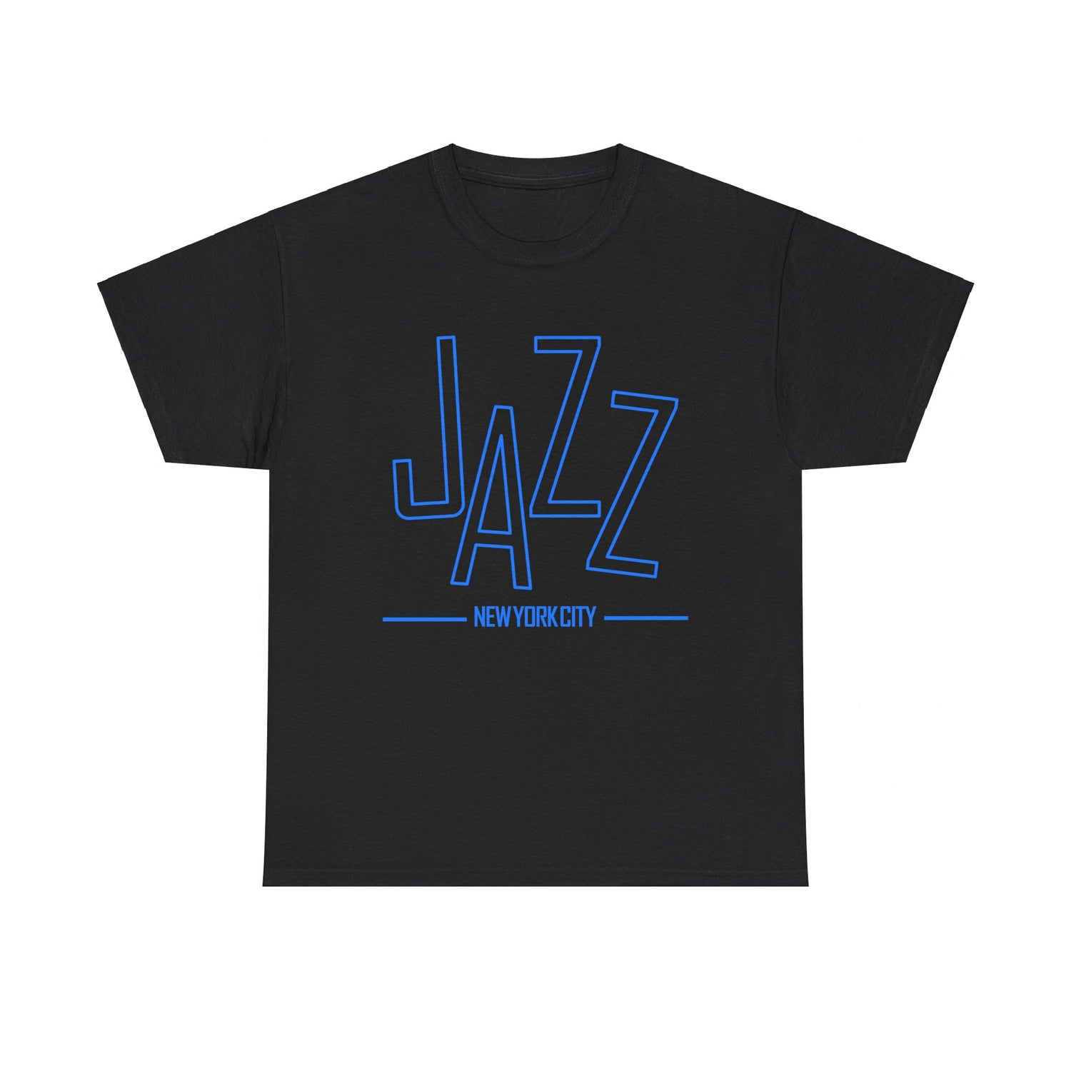 A black or white t shirt saying ‘JAZZ New York City’ in blue text