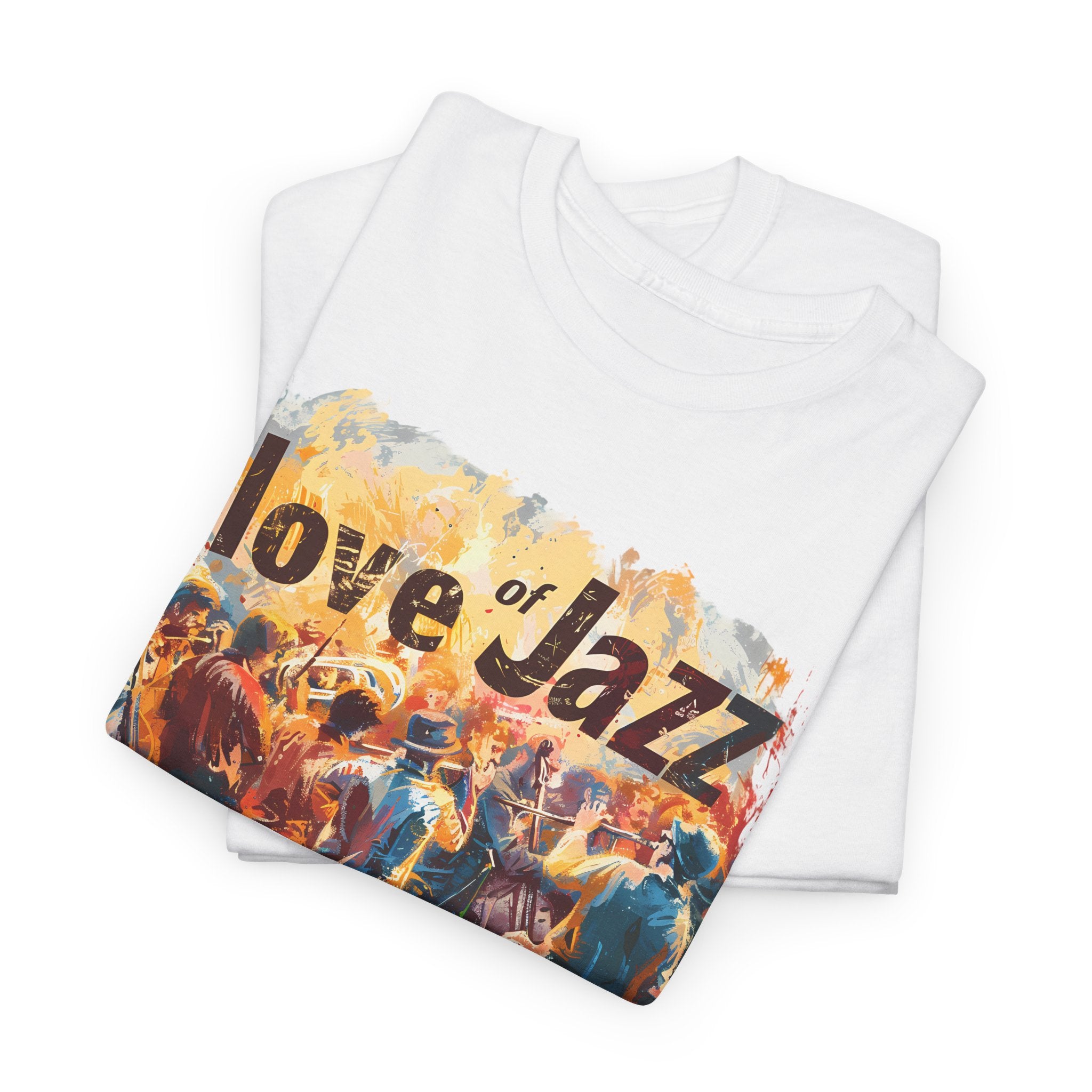 A black or white t shirt with a jazz musicians ensemble with the words ‘Love of Jazz’ over the image.