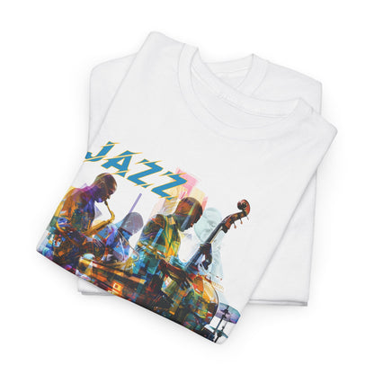 A white t shirt with an image of a jazz band the accompanying text says ‘JAZZ, My Go To Place’