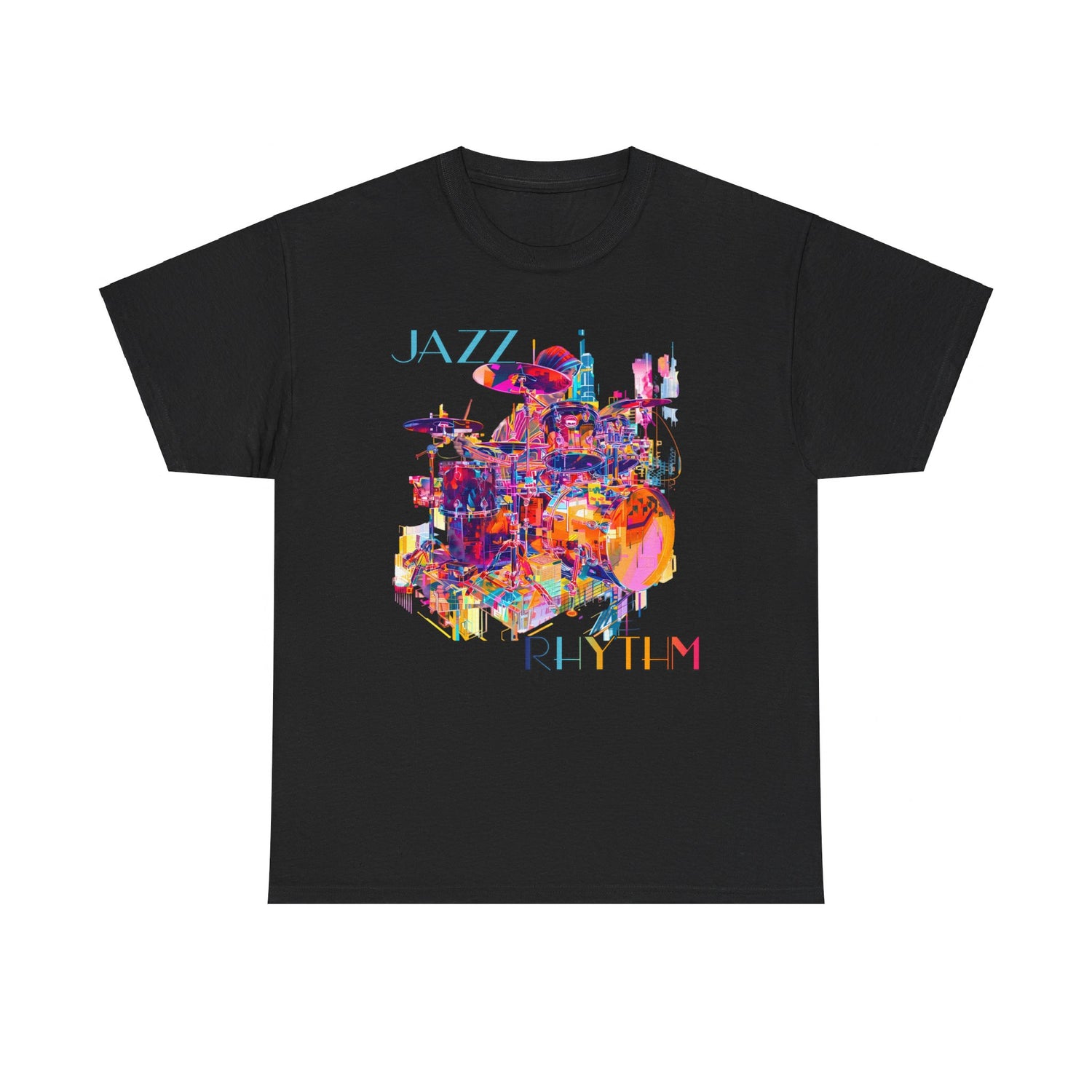 A black or white t shirt with a multi colored design of a drummer playing. The text says ‘Jazz Rhythm’