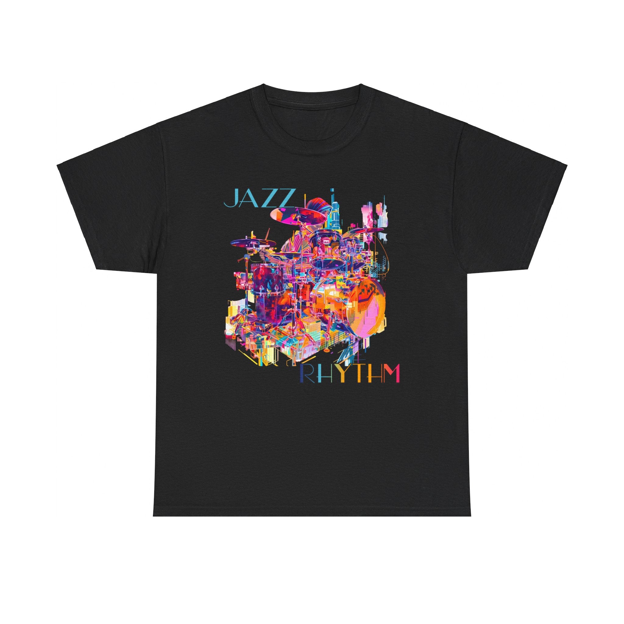 A black or white t shirt with a multi colored design of a drummer playing. The text says ‘Jazz Rhythm’