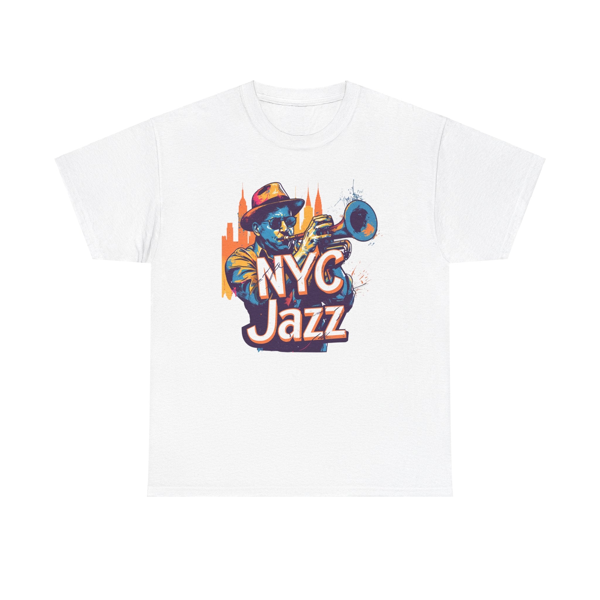 A black or white t shirt with a caricature of a trumpet player with the words ‘NYC JAZZ’ across the design