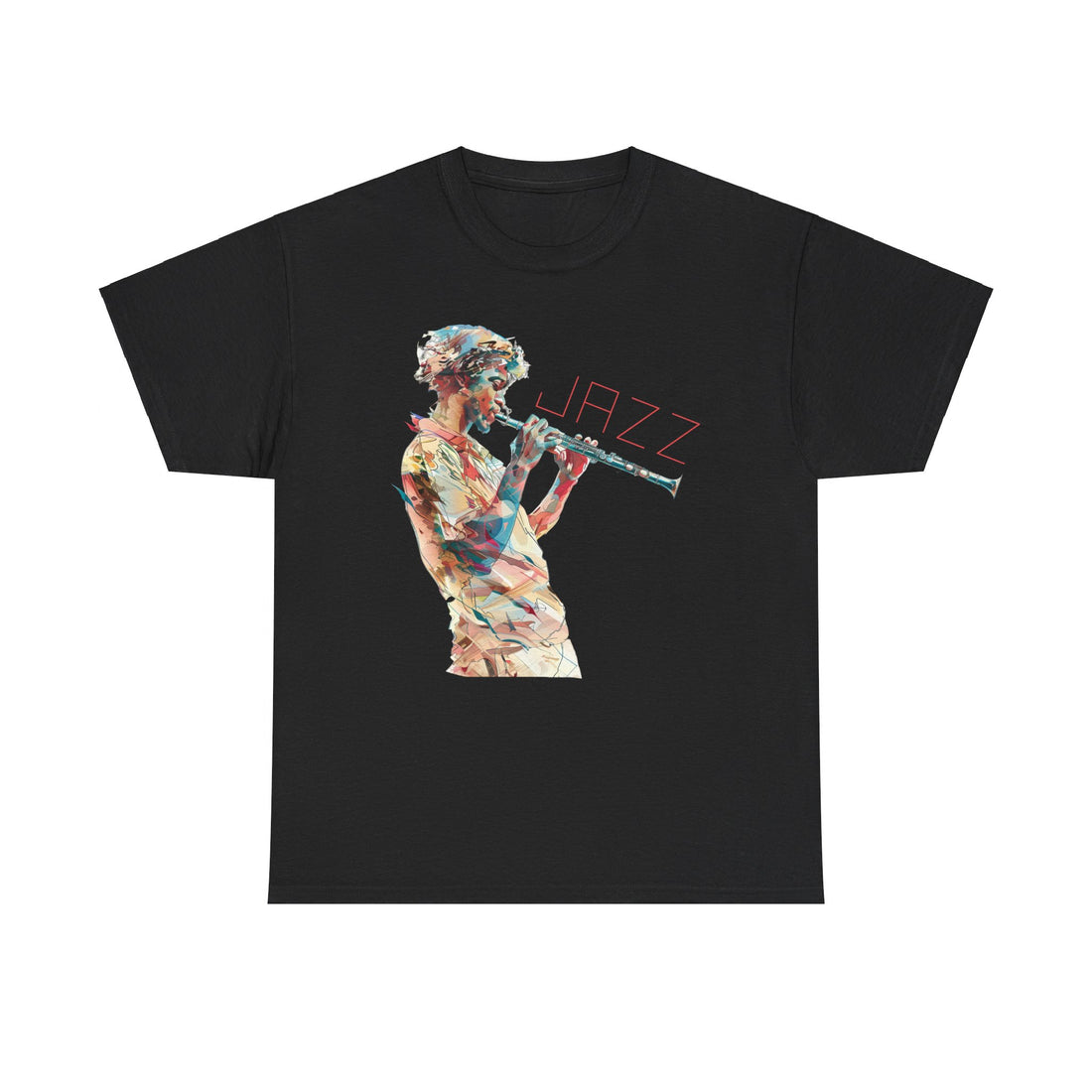 An image of a jazz clarinet player on a black t shirt.