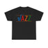 Jazz saxophone t shirt with multi colored text