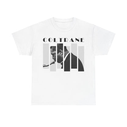 Graphic t-shirt featuring a side view photograph of John Coltrane playing his saxophone, split into blocks with the artist&