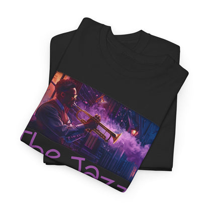 A t-shirt featuring ‘The Jazz House’ logo image of a trumpeter leaning against the wall of The Jazz House club playing, whilst purple smoke rises from his instrument. The scene is set in a dimly lit alley. The rear of the shirt has the website URL with the words ‘Jazz Clothing.’