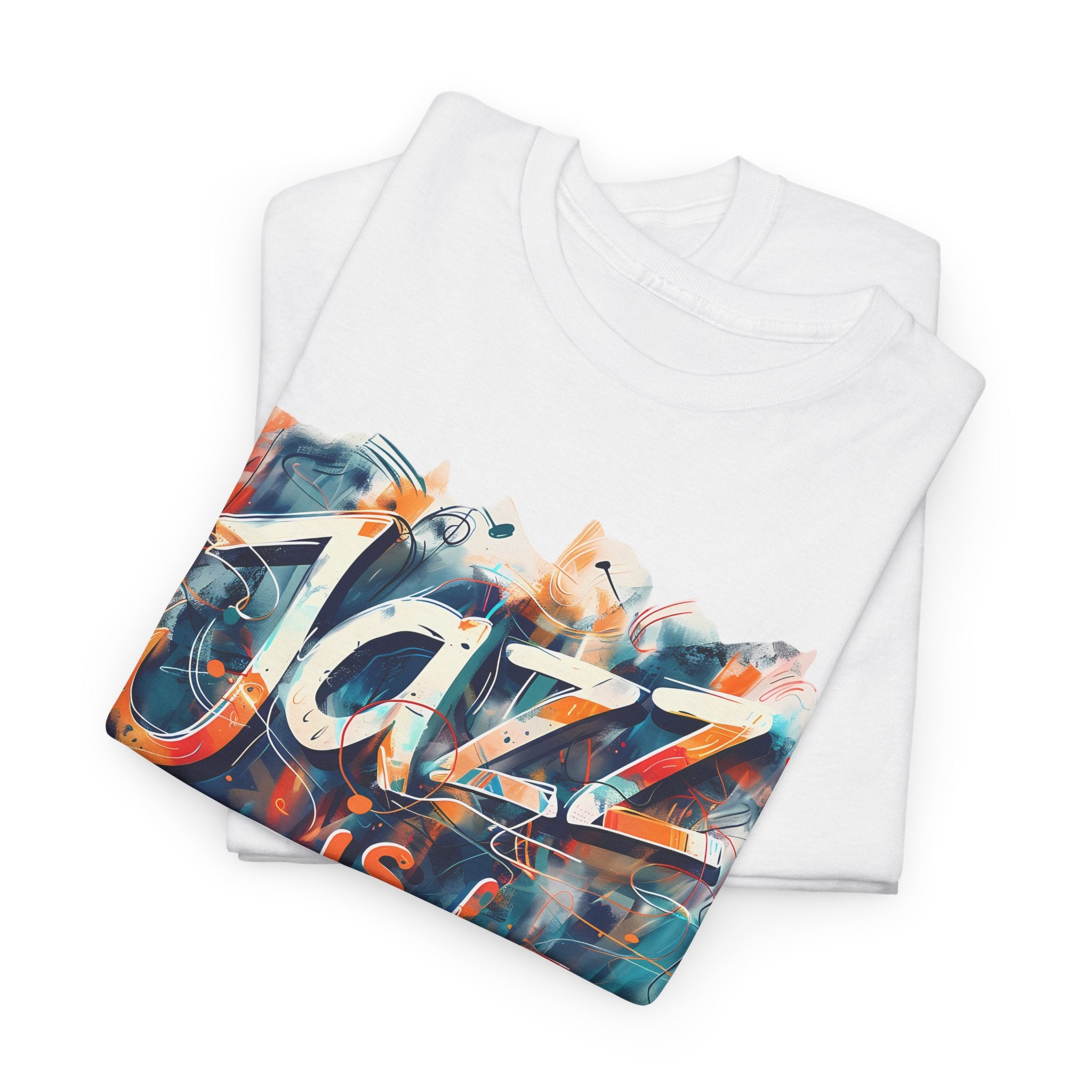 A black or white t shirt with an abstract multi colored design saying ‘Jazz Is Freedom’