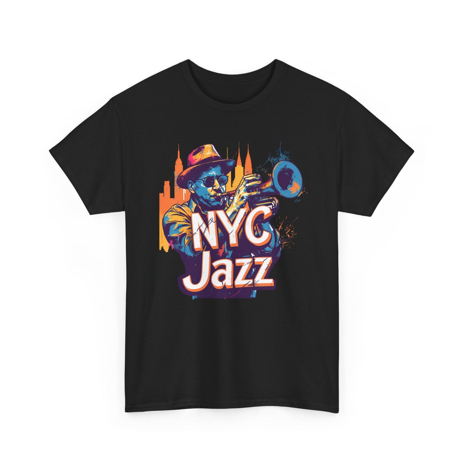 A black or white t shirt with a caricature of a trumpet player with the words ‘NYC JAZZ’ across the design