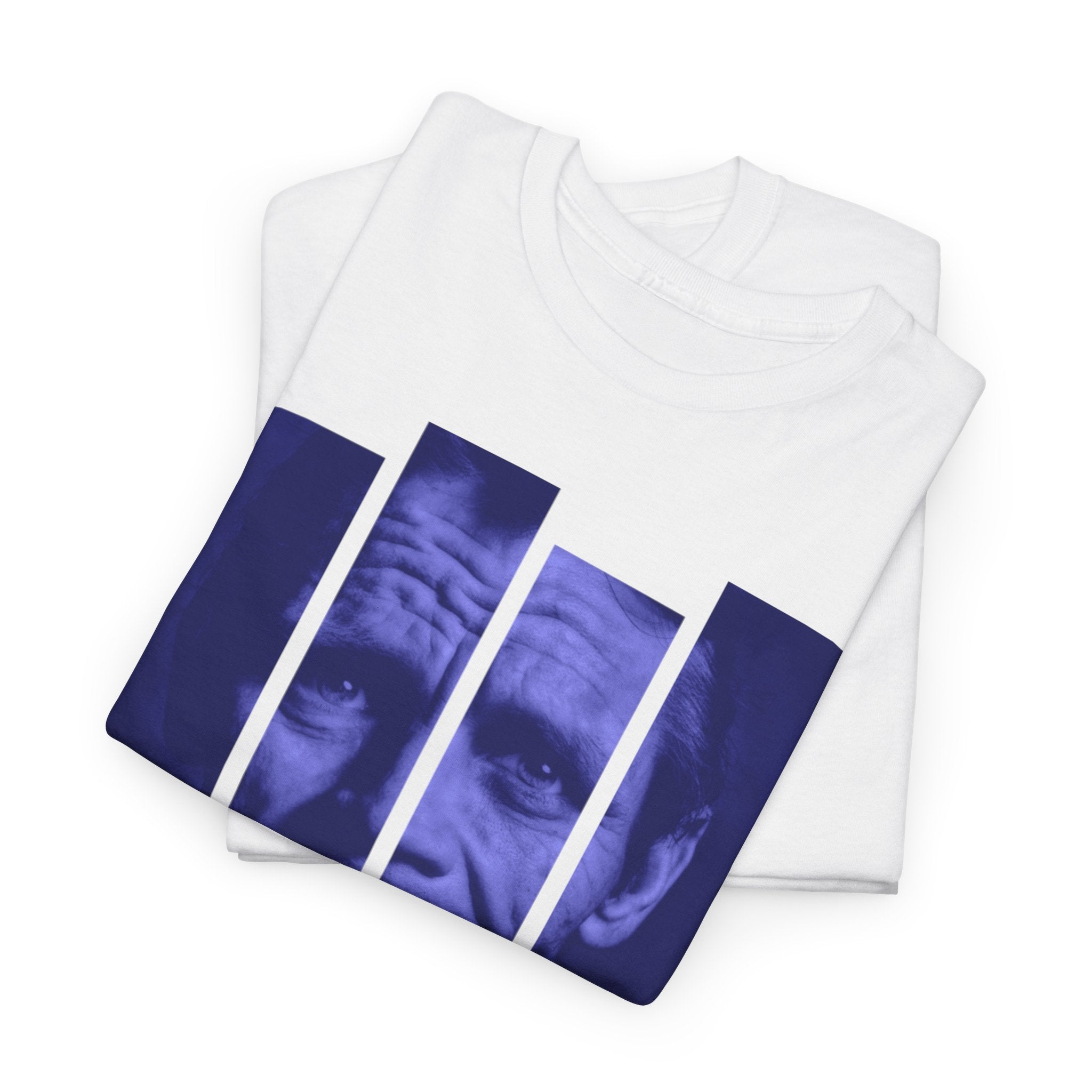 A black or white t shirt with a photographic image of Chet Baker in blue blocks with his name underneath