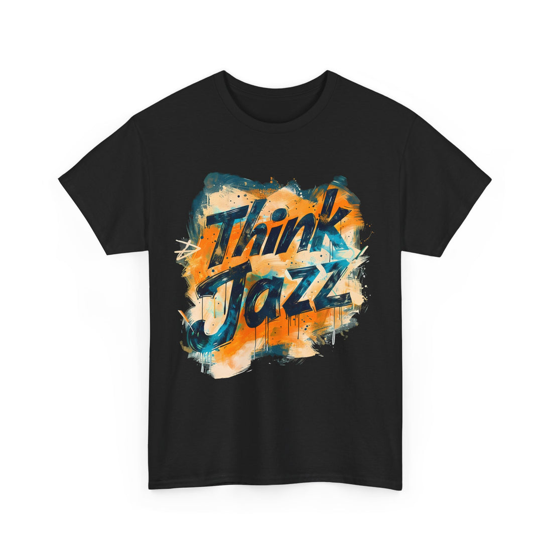 Black t shirt with the words ‘Think Jazz’ in a colorful abstract print.