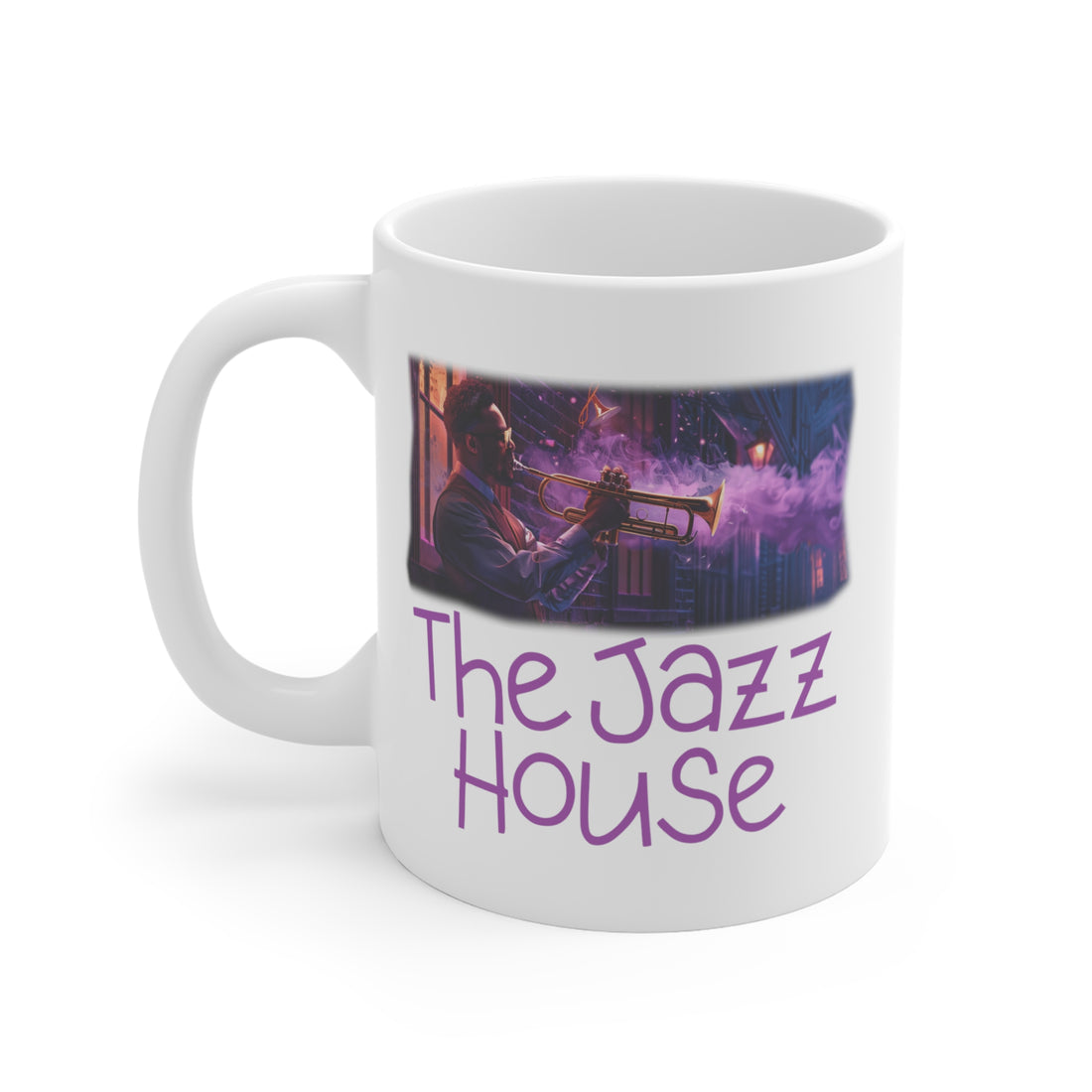 A coffee mug featuring ‘The Jazz House’ logo image of a trumpeter leaning against the wall of The Jazz House club playing, whilst purple smoke rises from his instrument. The scene is set in a dimly lit alley. The rear of the mug has the website URL with the words ‘Jazz Clothing.’