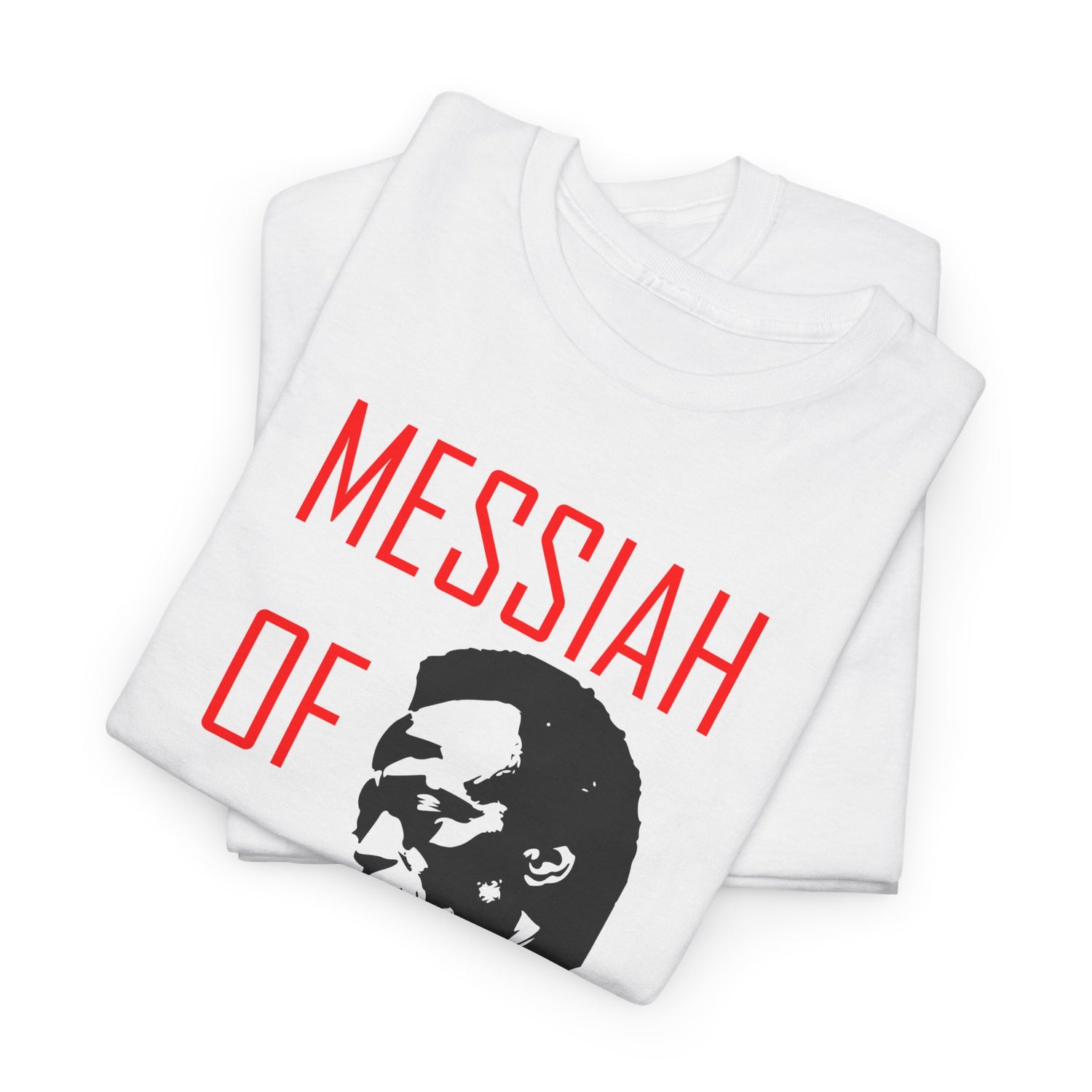 A white t shirt with the silhouette image of Miles Davis playing trumpet. In red text the words ‘Messiah of Jazz’ surrounds the image.